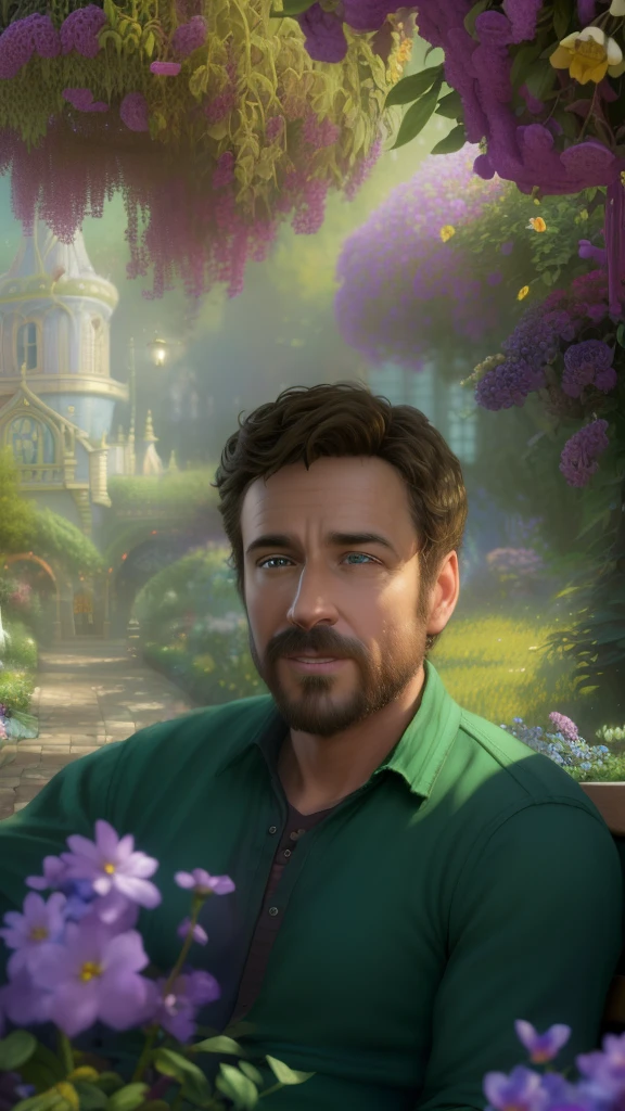 arafed man sitting on a bench in a garden with flowers, thomas kincade, kilian eng and thomas kinkade, tomas kinkade, thomas kindkade, highly detailed vfx portrait of, style thomas kinkade, thomas kinkade and craig mullins, photorealistic disney, highly detailed vfx portrait, michael cheval (unreal engine, rhads and thomas kinkade