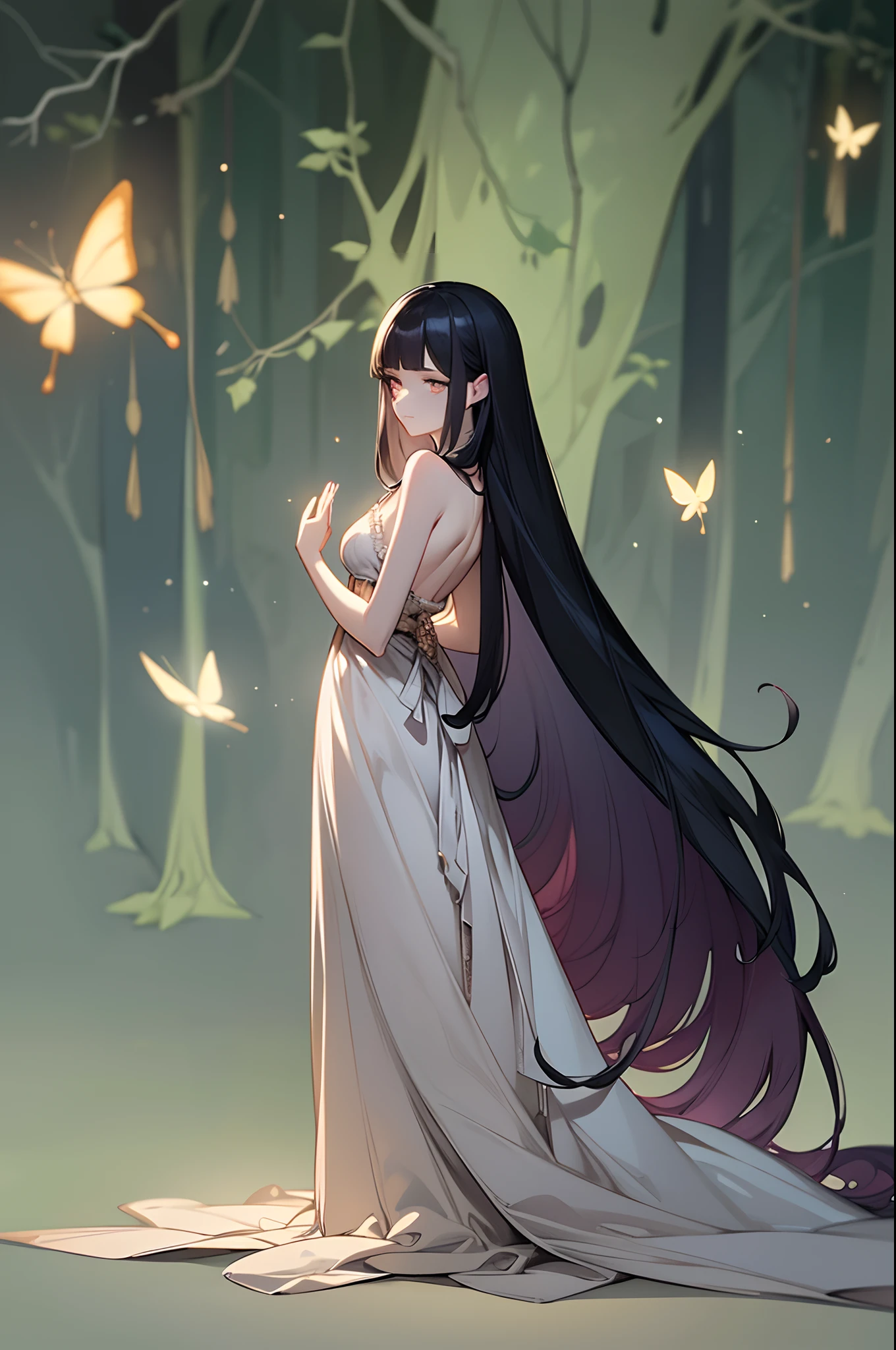 Close-up of 1 woman dressed in white, delicate, with very long blue-black hair with straight bangs and two long strands that frame her face, white eyes without pupils, Her skin is pale like white jade, from behind, body complete, standing Going into a dark forest, Dark forest concept art, Dark fantasy forest, Dark fantasy illustrations, An ominous fantasy illustration, Dark fantasy style art, Dark fantasy concept art, Dark fantasy background, DND in a forest dark, Epic Fantasy Digital Art Style, Dark Fantasy Setting, Forbidden Forest, Dark Fantasy Landscape, 8K Fantasy Art, Masterpiece, Best Quality, (CG 8k wallpapers highly detailed unit), (Best Quality ), (Best illustrations), (Best shadows), Forest theme with natural elements. Tall trees, Calm streams, small glowing mushrooms surrounded by delicate leaves and branches, with fireflies and glowing particle effects, (Natural elements), (Jungle theme), (leaves), (Twigs), (Fireflies), Butterflies, (delicate leaves), (glow), (particle effects). , isometric 3D, Octane rendering, Ray tracing, super detailed