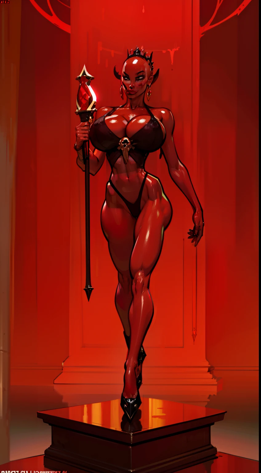 1girl, beautiful (((dark devil empress))), detailed eyes, (((detailed face))), mature face, athletic body, looking at viewers,full body, light smile,(gigantic breasts:1.4)detailed skin, colored skin(dark red skin:2.2), horns on head, (((bald:1.4))), mature body, tall body,seductive body,medium big breast, medium thigh,((no hair1.8)), spike pasties,detailed clothes BREAK desert and skull shoulders, holding only one long and thick dark scepter, highly saturating beams, holy ceremony, golden and red spark dazzling around, crown , golden majical lightning, best quality, masterpiece, trending on Art station,BREAK,Detailed,Realistic,4k highly detailed digital art,octane render, bioluminescent, cinematic lighting BREAK 8K resolution concept art, realism,by Mappa studios,masterpiece,best quality,official art,illustration,ligne claire,(cool_color),perfect composition,absurdres, fantasy,focuse, red and gold color palette,(((stands on cracked pedestal)))