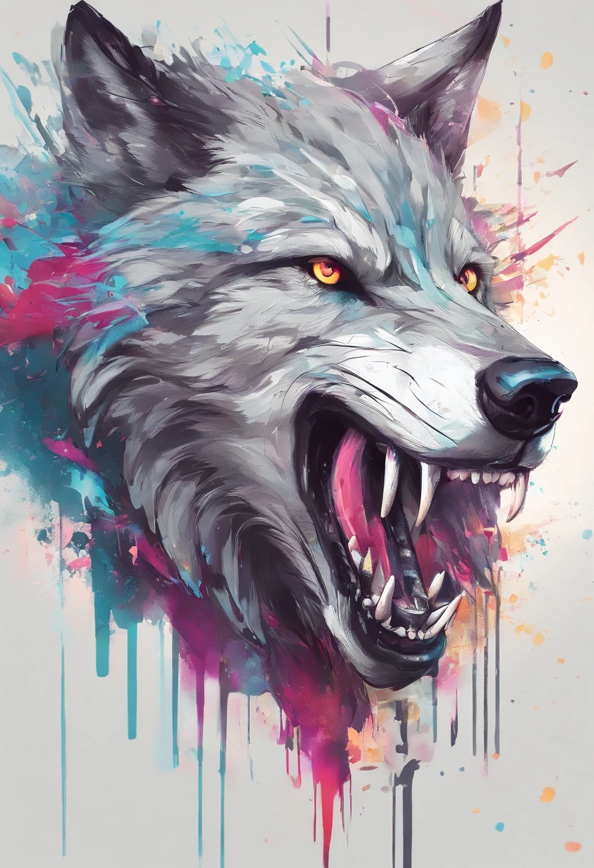 arte splash, a wolf head, ((fundo branco)), olhos penetrantes, epic instagram, art-station, estilo splash de tinta colorida+, contorno, hiperdetalhado intricadamente detalhado, Motor irreal, genial, detalhes intrincados, tela inicial, cores complementares, conceito realista arte, 8K分辨率, obra-prima do deviantart, oil-painting, pinceladas pesadas, pingos de tinta, artes de salpicos