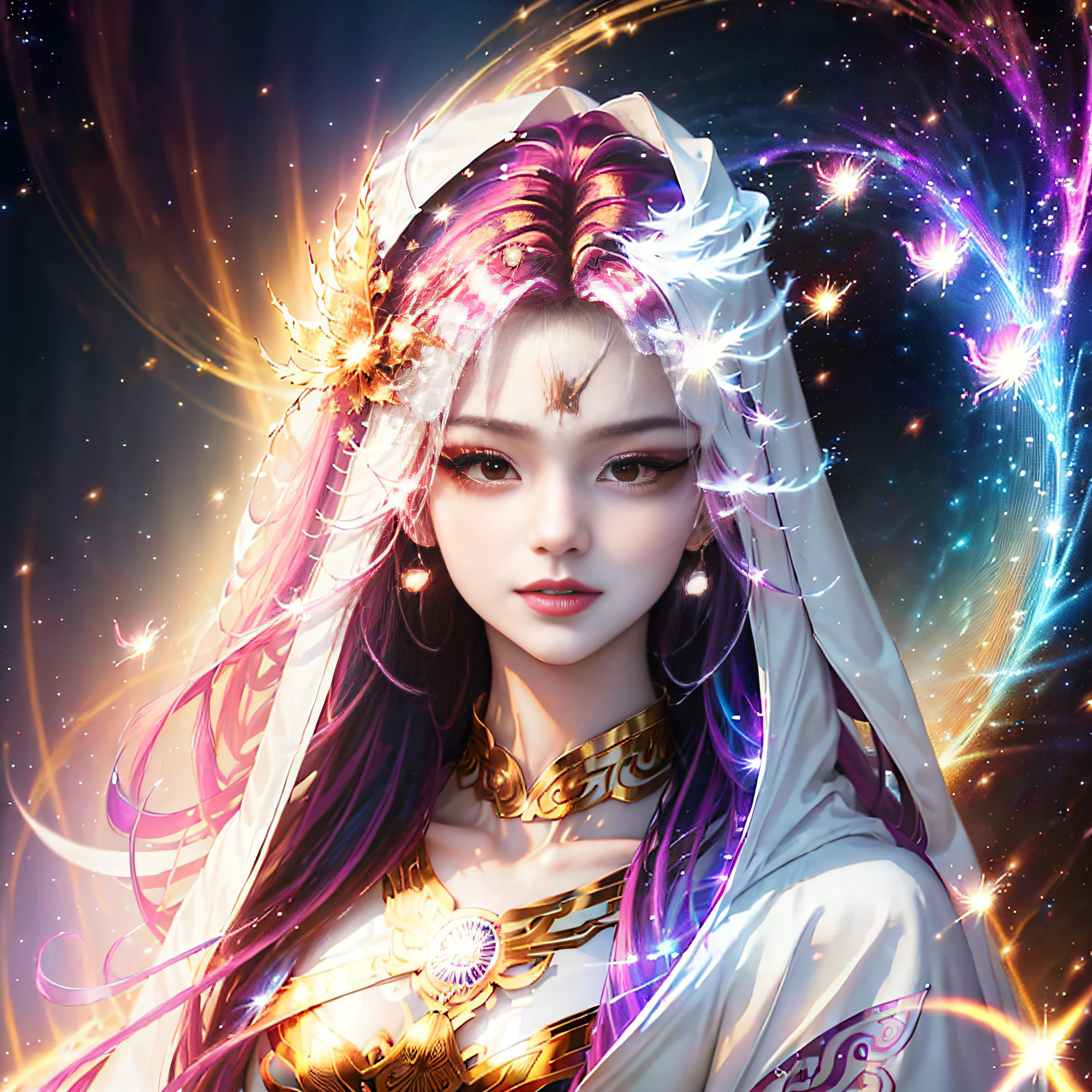 (masutepiece, of the highest quality, Best Quality, Official art, Beautiful and aesthetic:1.2), (1girl in), extremely detailed eye, (Fractal Art:1.3), Colorful, highest details, (Perfect face), Shiny skin, nffsw, (White cloak golden lines:1.2), Galaxy, (light streaks), striking visuals, (Dynamic streaks, luminous trails:1.2), Vibrant colors, (phoenix), (shenron) --auto