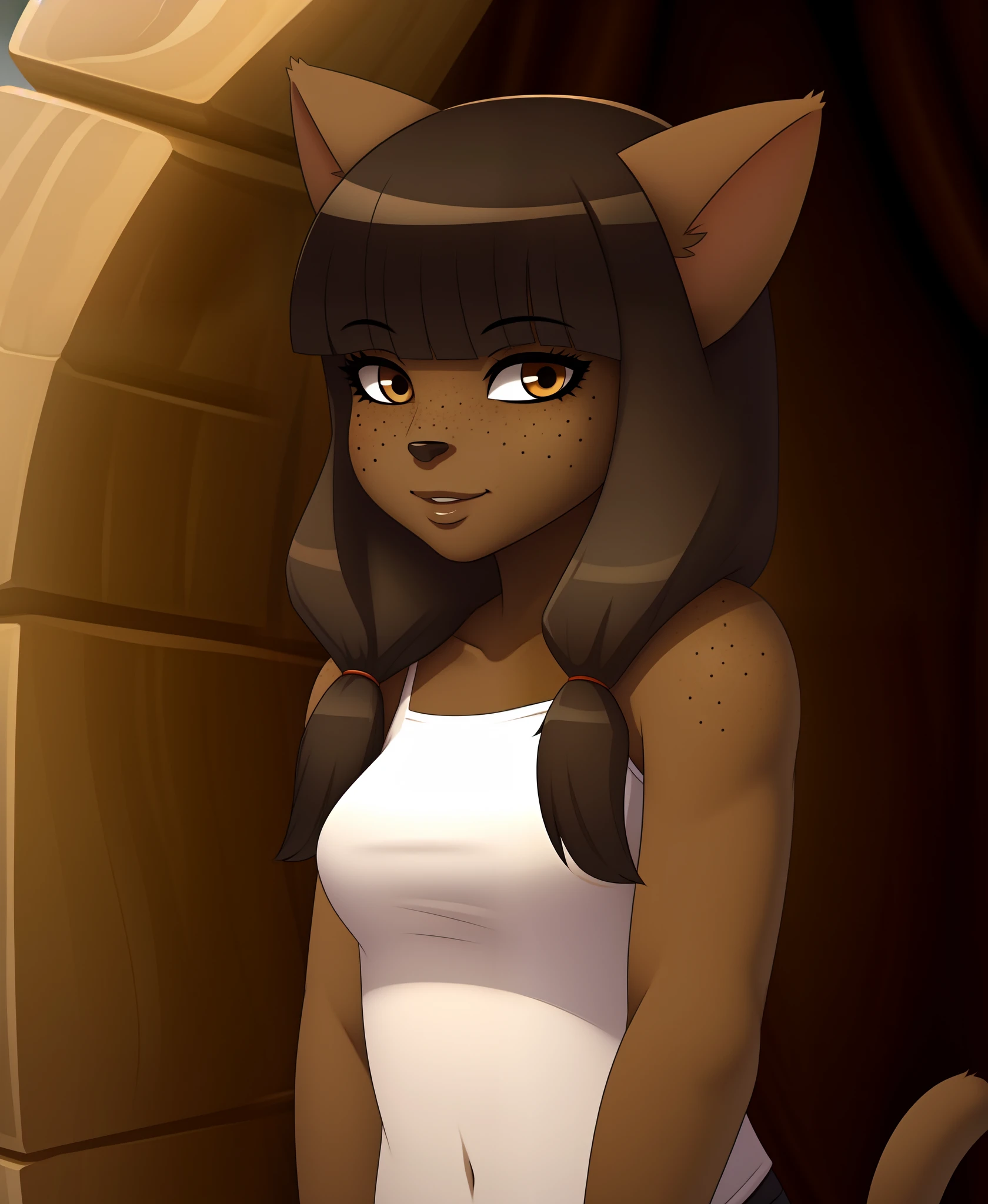 1girl, dark skin, cat ears, bangs, long hair, freckles, full body