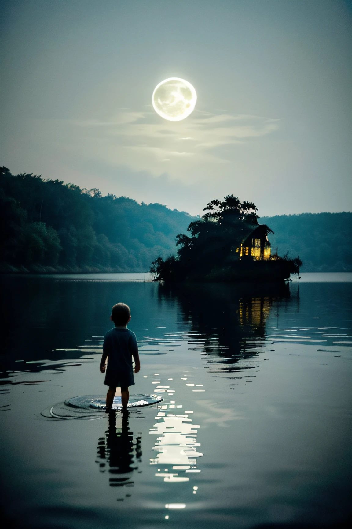 Em uma noite sombria, A disturbing scene on the edge of an ominous lake, A child pushing his friend in the dark water, o amigo se debatendo, The full moon casting a ghostly light on the lake, Highlighting the terror of the situation, illustration, watercolor technique,