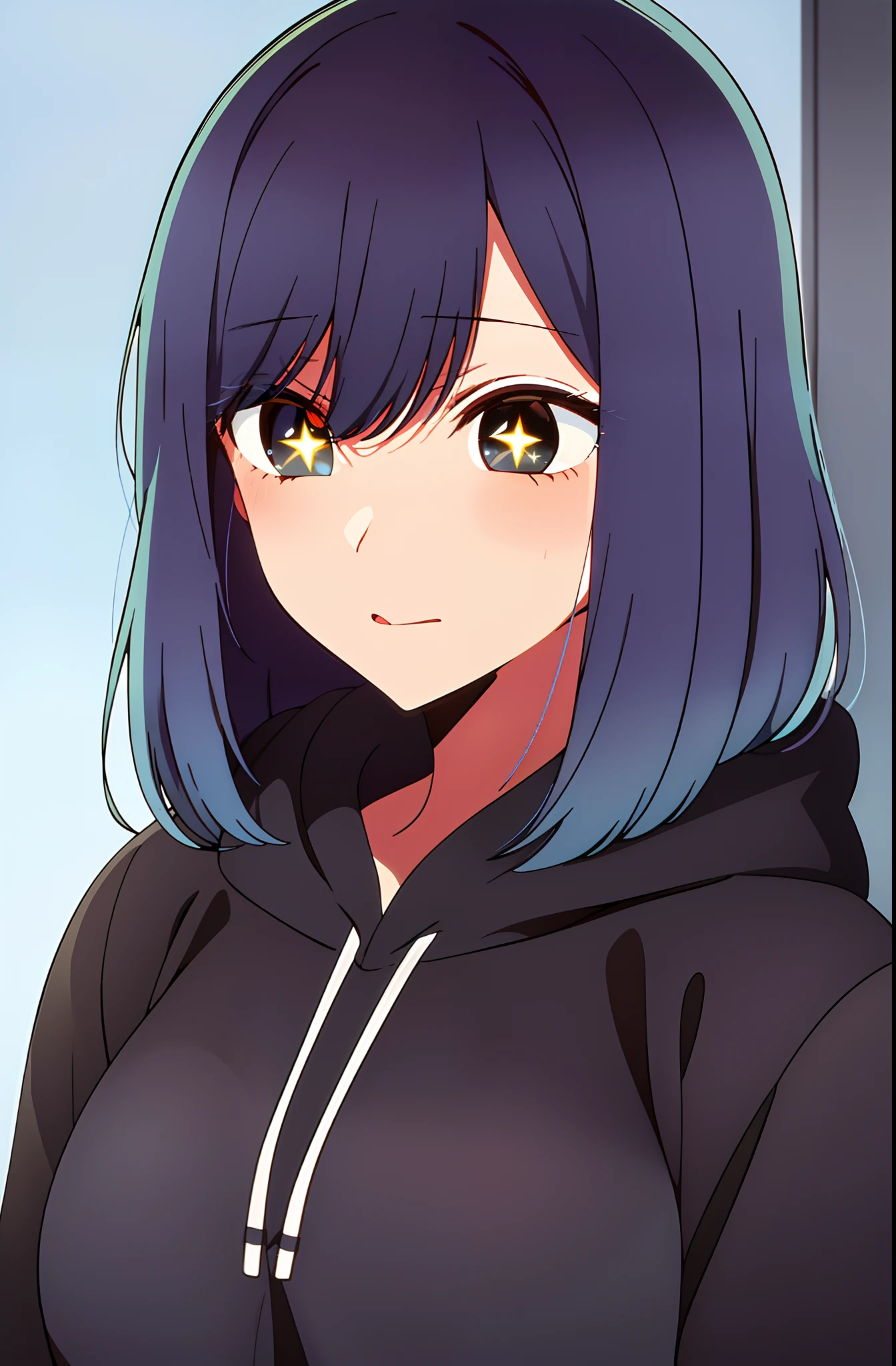 kurokawaakane, best quality, in a black hoodie, cute girl, her expression is solemn, sexy face, she has a cute expressive face, perfect breast, beautiful lighting,symbol-shaped_pupils, sparkling_eyes, star-shaped_pupils, star_(symbol),