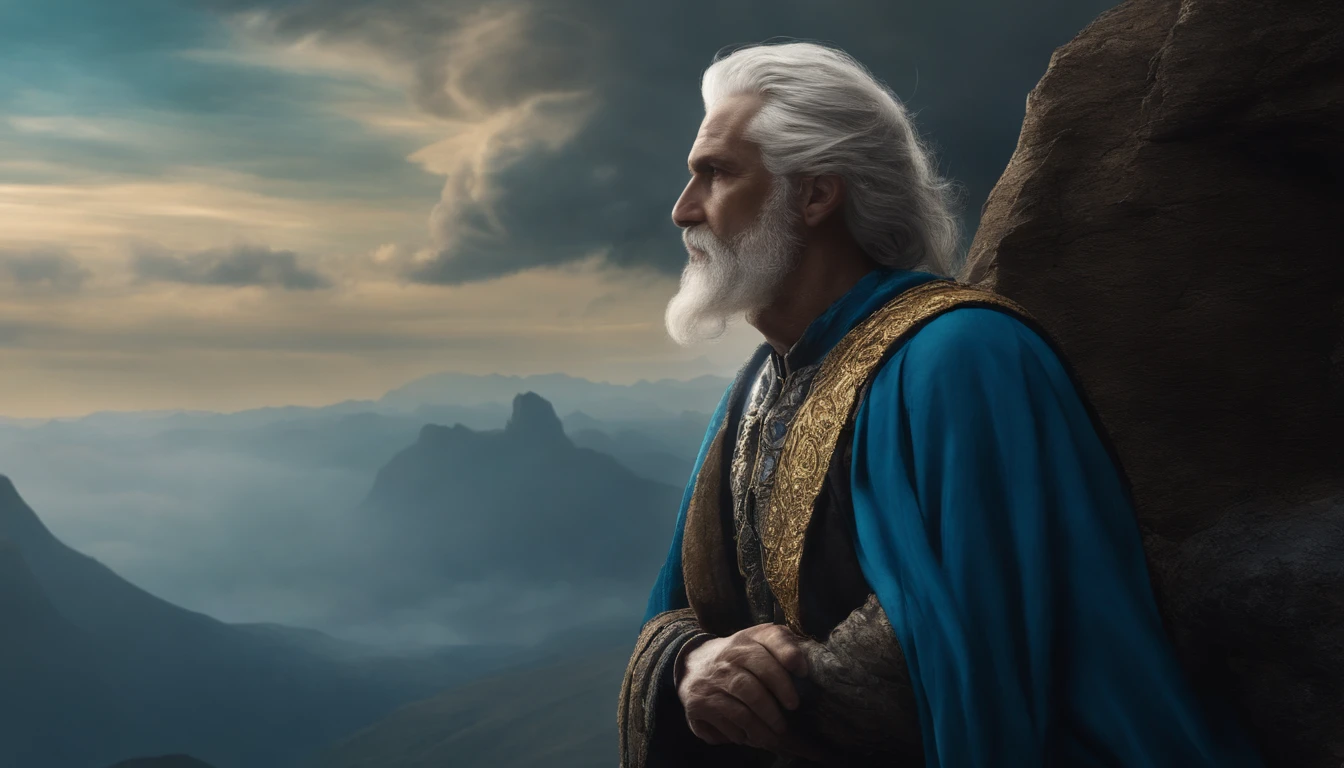 Methuzelah, in profile, on the edge of a precipice, very old, wrinkled, in profile, white hair, white beard, flowing hair, arm outstretched, pointing finger towards the horizon. bright blue tunic with gold details, below a sinister landscape with black clouds, above heavy clouds, hyperrealistic. in front of him a menacing angel, man, seen in profile, Biomechanicals, strange, scary, Nightmare, very bright colors, light particles, with bright light, Mshiff, Wallpaper art, UHD wallpaper, blue clothing, light background