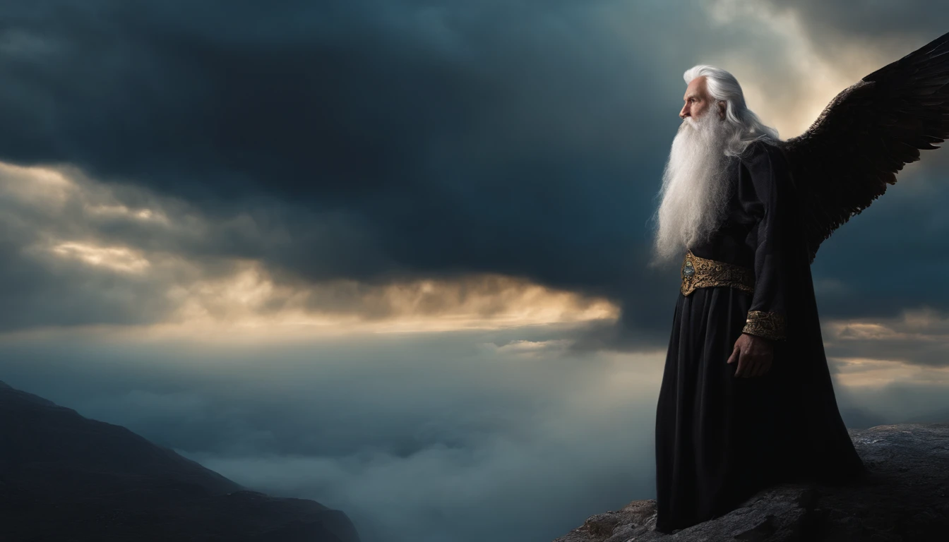 Methuzelah, in profile, on the edge of a precipice, very old, wrinkled, in profile, white hair, white beard, flowing hair, arm outstretched, pointing finger towards the horizon. bright blue tunic with gold details, below a sinister landscape with black clouds, above heavy clouds, hyperrealistic. in front of him a menacing angel, man, seen in profile, Biomechanicals, strange, scary, Nightmare, very bright colors, light particles, with bright light, Mshiff, Wallpaper art, UHD wallpaper, blue clothing, light background