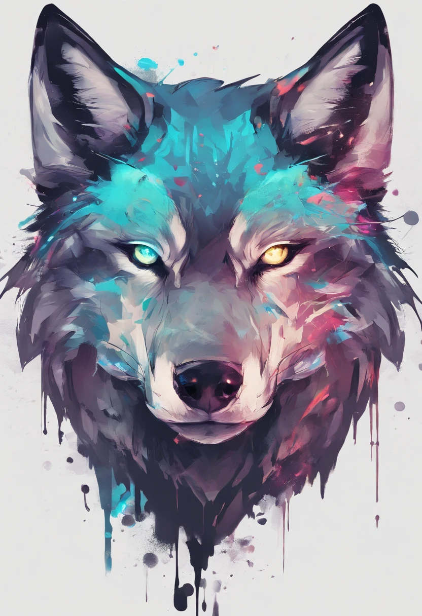 arte splash, a wolf's head, ((fundo branco)), olhos penetrantes, epic instagram, art-station, estilo splash de tinta colorida, contorno, hiperdetalhado intricadamente detalhado, Motor irreal, genial, detalhes intrincados, tela inicial, cores complementares, conceito de fantasia arte, 8K分辨率, obra-prima do deviantart, oil-painting, pinceladas pesadas, pingos de tinta, artes de salpicos