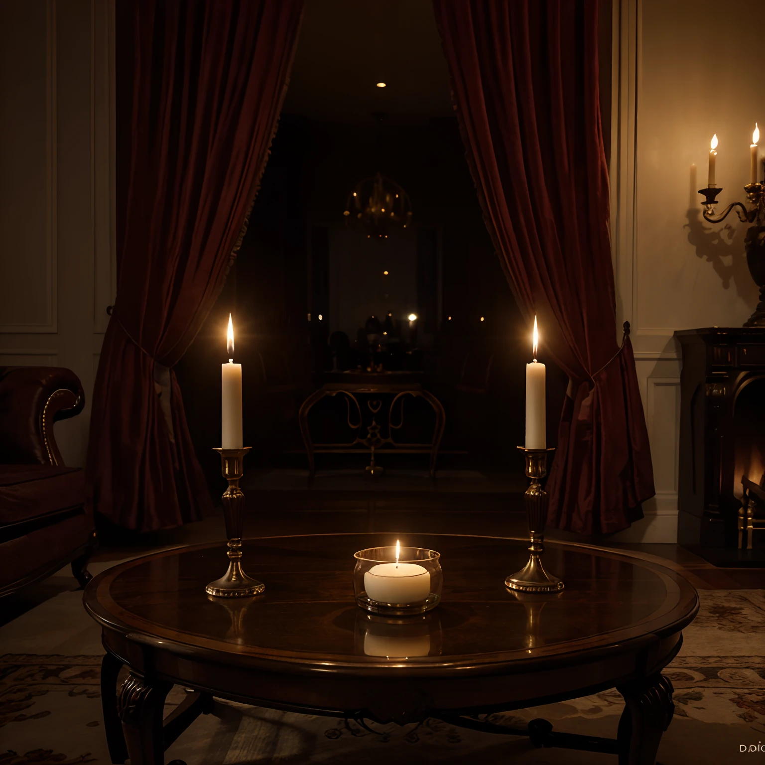 Generate a description of a gothic-themed living room with a black mock-up mug. Describe the room’s dark, dramatic ambiance with ornate, antique furniture, dimly lit candles, and deep red velvet curtains. The black mug should be prominently placed on a coffee table, showcasing intricate gothic patterns and a sense of dark elegance. The text should convey the mysterious and opulent atmosphere of the room.