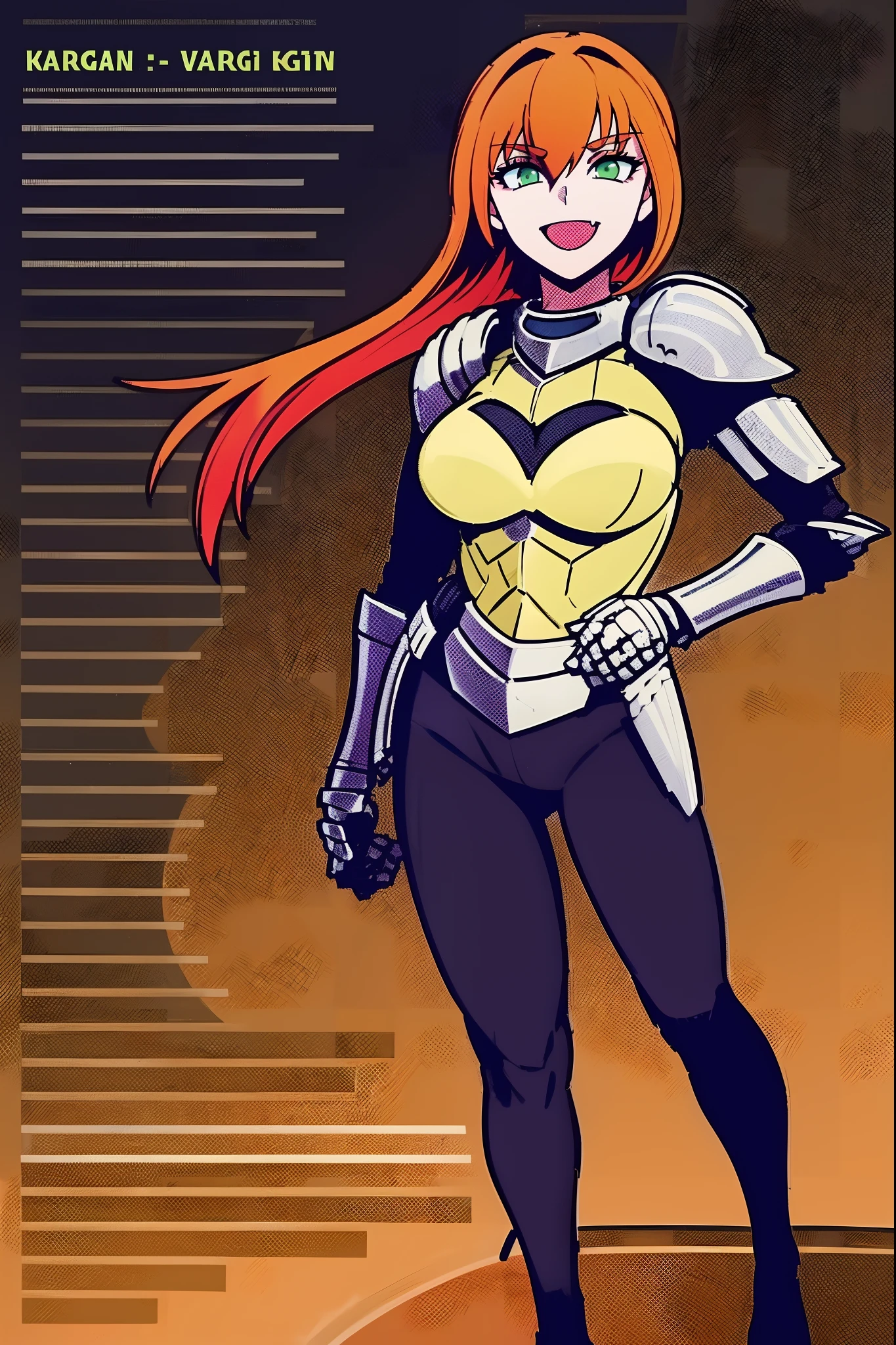 excel, orange hair, smile, fang, open mouth, green eyes,standing, medium breast, pants, pullover, , full body,knight armor, armore, sword holding, fantasy cyberpunk city magic