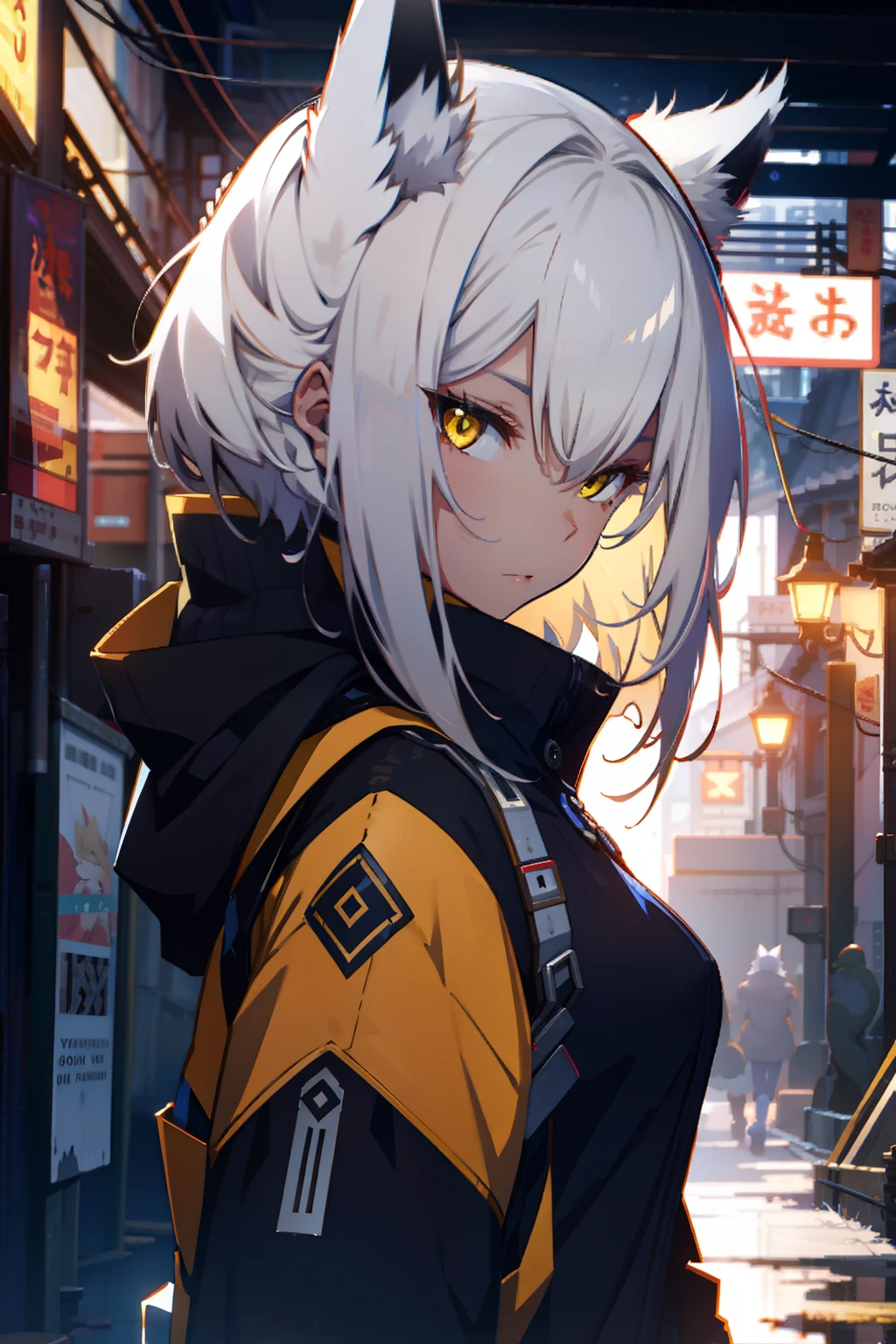 fox girl, white hair, yellow eyes, kemono