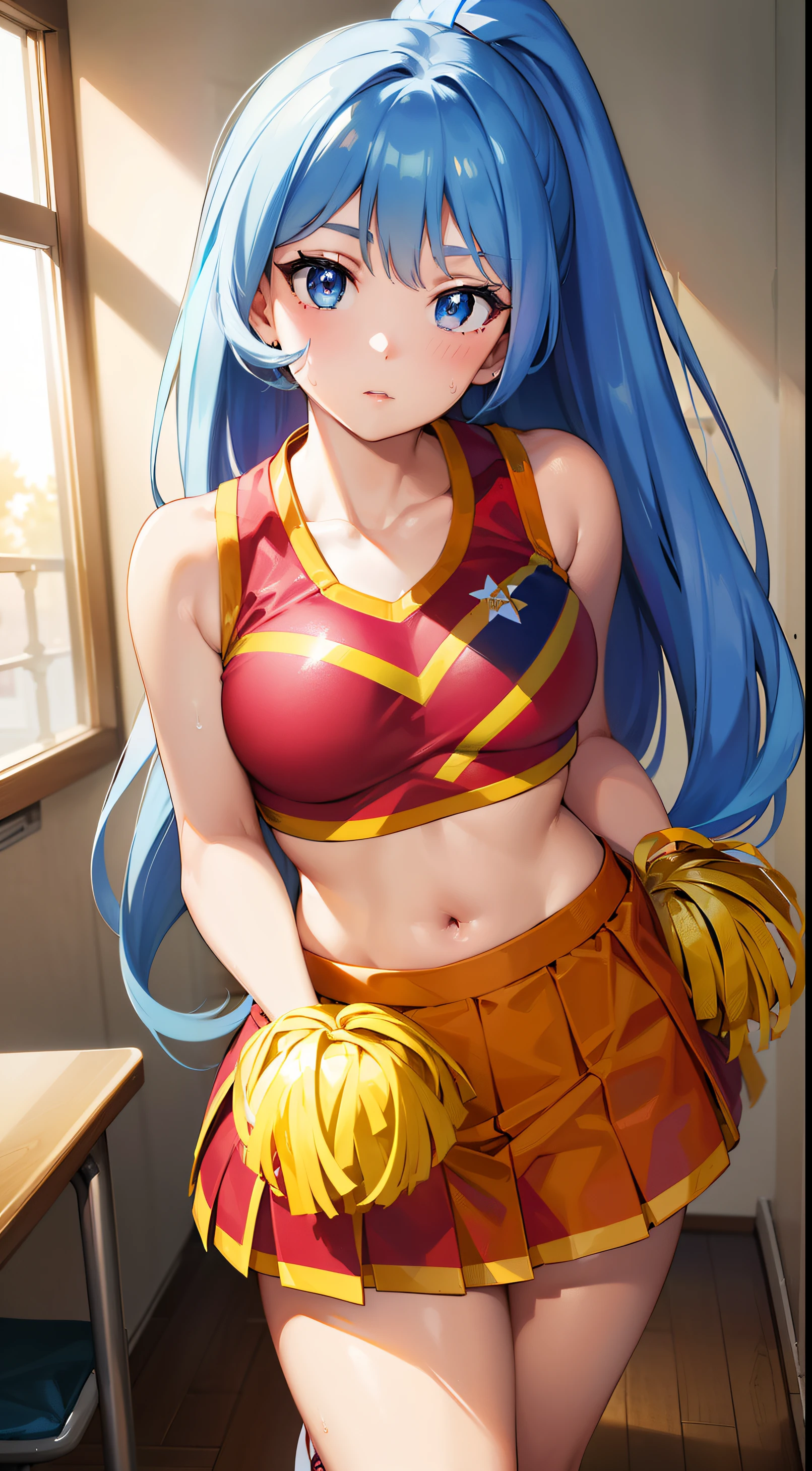 Highres, Masterpiece, Best quality at best,Best Quality,hight quality, hight detailed, 1girl, girl,  nejire hadou, blue eyes, blue hair, long hair,
BREAK cheerleader, crop top, midriff, sweat, navel, orange skirt, pink footwear,  (view from front), ponytail, skirt, (u.a. cheerleader uniform:1.5),
BREAK looking at viewer, upper body, close-up body, 
BREAK indoors, classroom,
BREAK (masterpiece:1.2), best quality, high resolution, unity 8k wallpaper, (illustration:0.8), (beautiful detailed eyes:1.6), extremely detailed face, perfect lighting, extremely detailed CG, (perfect hands, perfect anatomy),