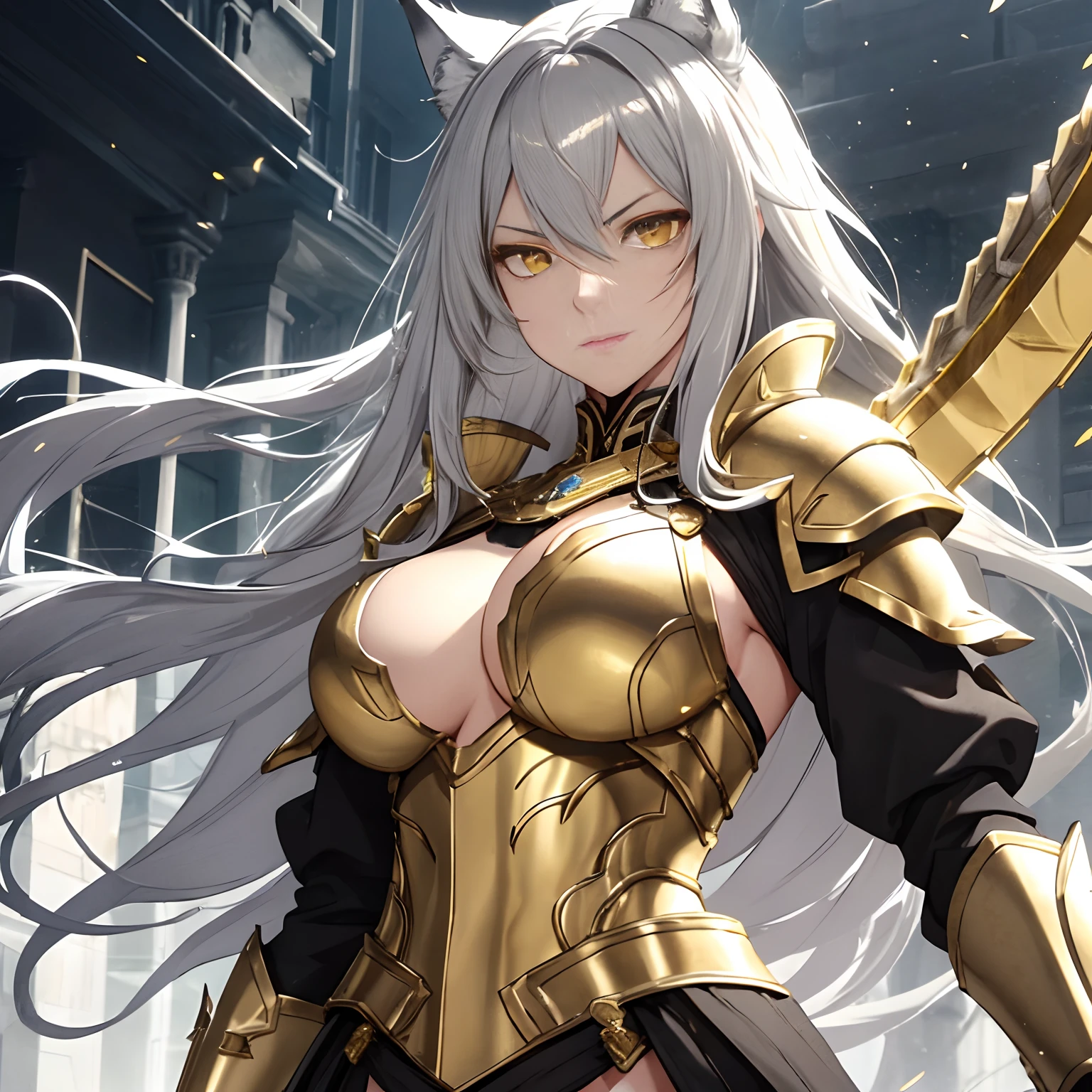 Woman, medium boobs, medium ass, grey hair, grey wolf ears, young, heavy gold armor, yellow neon highlights, wielding gold naginata, serious, yellow eyes, scars, alone, covered in white crystals, fully armored gold, hair covering eye, white crystals, powerful, gold primary silver secondary, gold breastplate