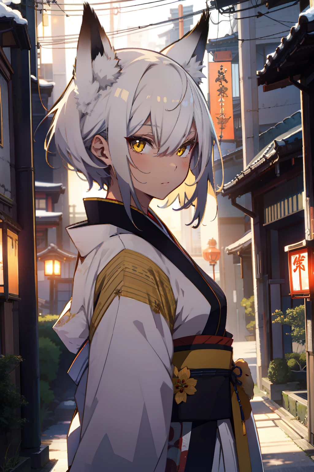 fox girl, white hair, yellow eyes, traditional Japanese outfit, looking at viewer