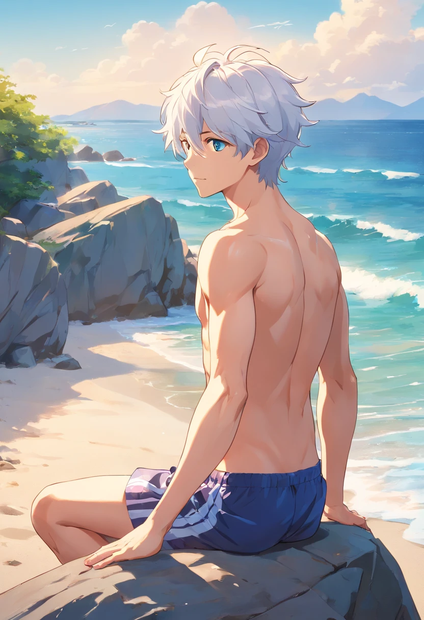 A white-haired boy stood on a rock，Large, sharp wolf ears，Stretch out your arms on the beach,Shirtless，Abs，Swimsuit shutter stock, his arms spread. ready to fly, Arms outstretched, raise both arms, People find happiness, his arms spread, stock image, arms out, Feel calm, arms out, Archive images, stockphoto, relaxing on the beach, pexels, his butt stretched out.