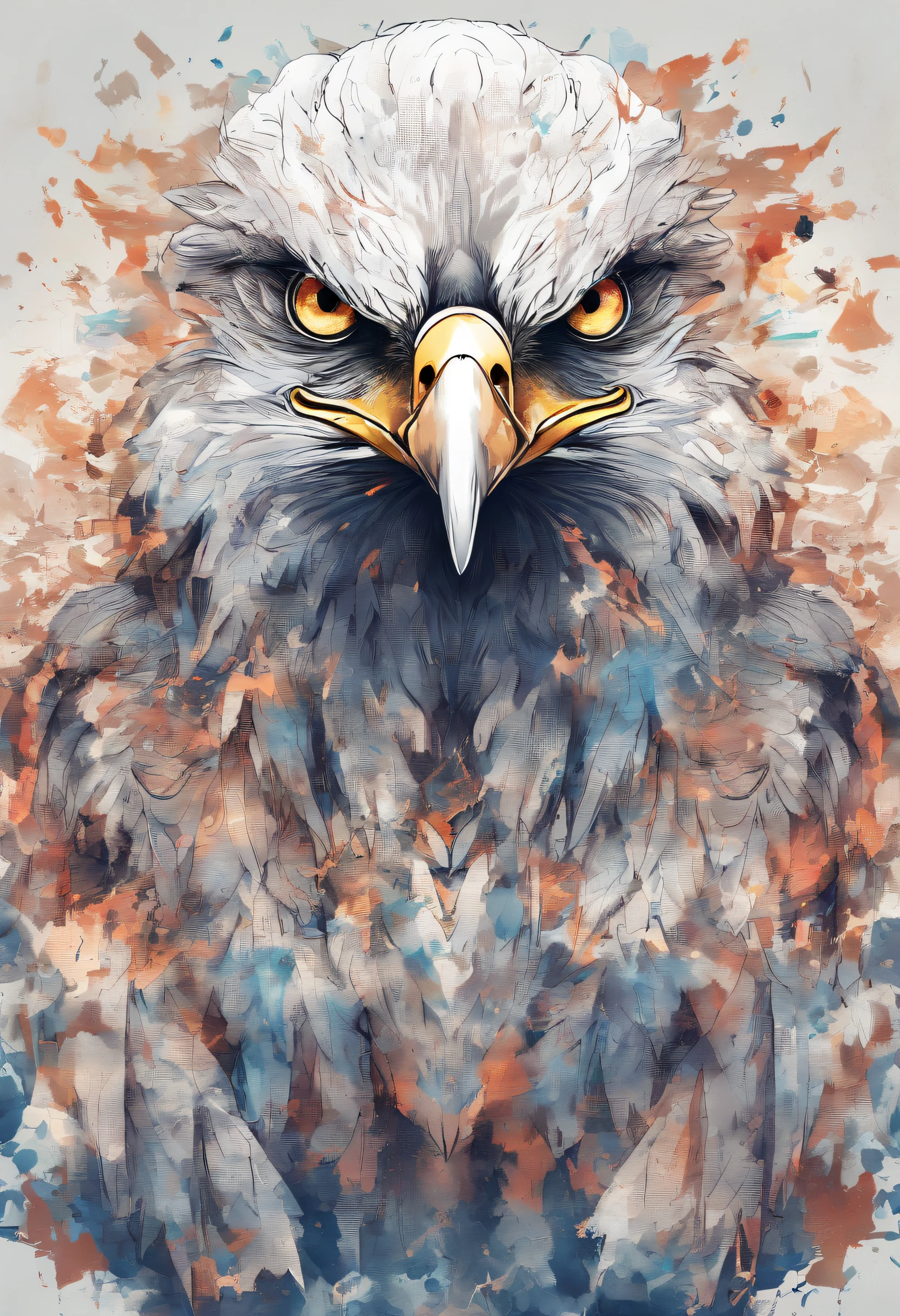 arte splash, An eagle's head, ((fundo branco)), olhos penetrantes, epic instagram, art-station, estilo splash de tinta colorida, contorno, hiperdetalhado intricadamente detalhado, Motor irreal, genial, detalhes intrincados, tela inicial, cores complementares, conceito de fantasia arte, 8K分辨率, obra-prima do deviantart, oil-painting, pinceladas pesadas, pingos de tinta, artes de salpicos