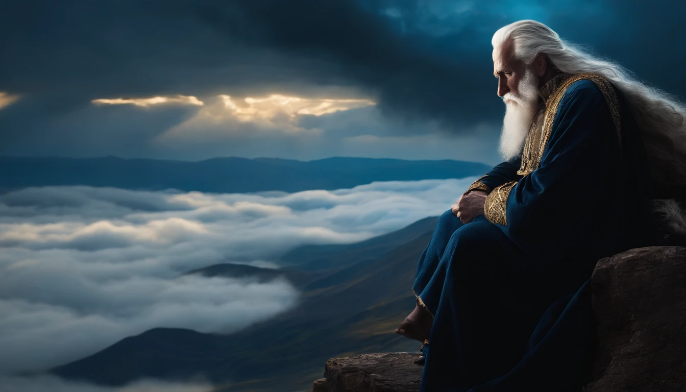 Methuzelah, in profile, on the edge of a precipice, very old, wrinkled, in profile, white hair, white beard, flowing hair, arm outstretched, pointing finger towards the horizon. bright blue tunic with gold details, below a sinister landscape with black clouds, above heavy clouds, hyperrealistic. In front of him appears a threatening angel, man, seen in profile, Biomechanicals, strange, scary, Nightmare, very bright colors, light particles, with bright light, Mshiff, Wallpaper art, UHD wallpaper, blue clothing, background Of course