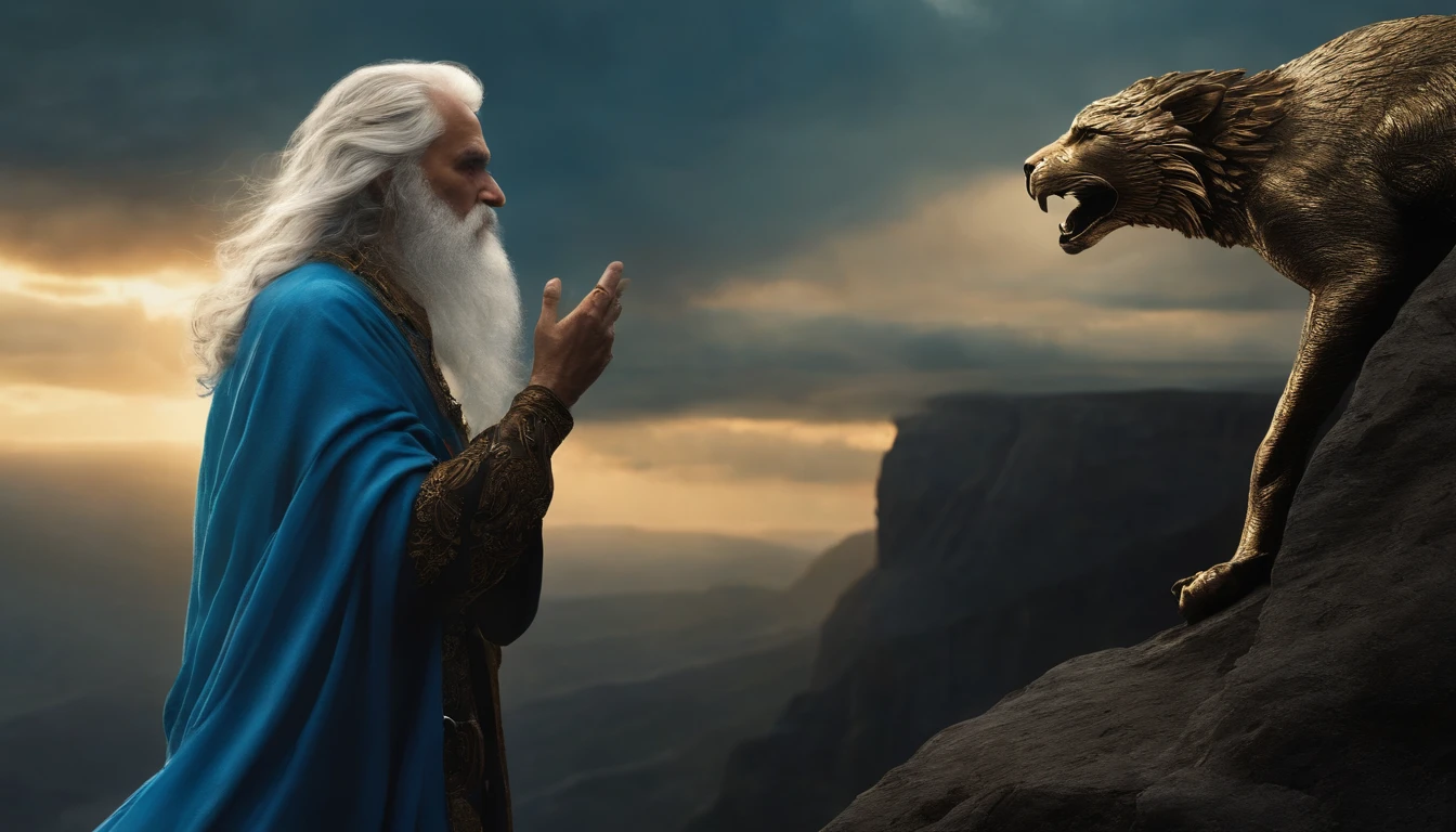 Methuzelah, in profile, on the edge of a precipice, very old, wrinkled, in profile, white hair, white beard, flowing hair, arm outstretched, pointing finger towards the horizon. bright blue tunic with gold details, below a sinister landscape with black clouds, above heavy clouds, hyperrealistic. In front of him appears a threatening angel, man, seen in profile, Biomechanicals, strange, scary, Nightmare, very bright colors, light particles, with bright light, Mshiff, Wallpaper art, UHD wallpaper, blue clothing, background Of course