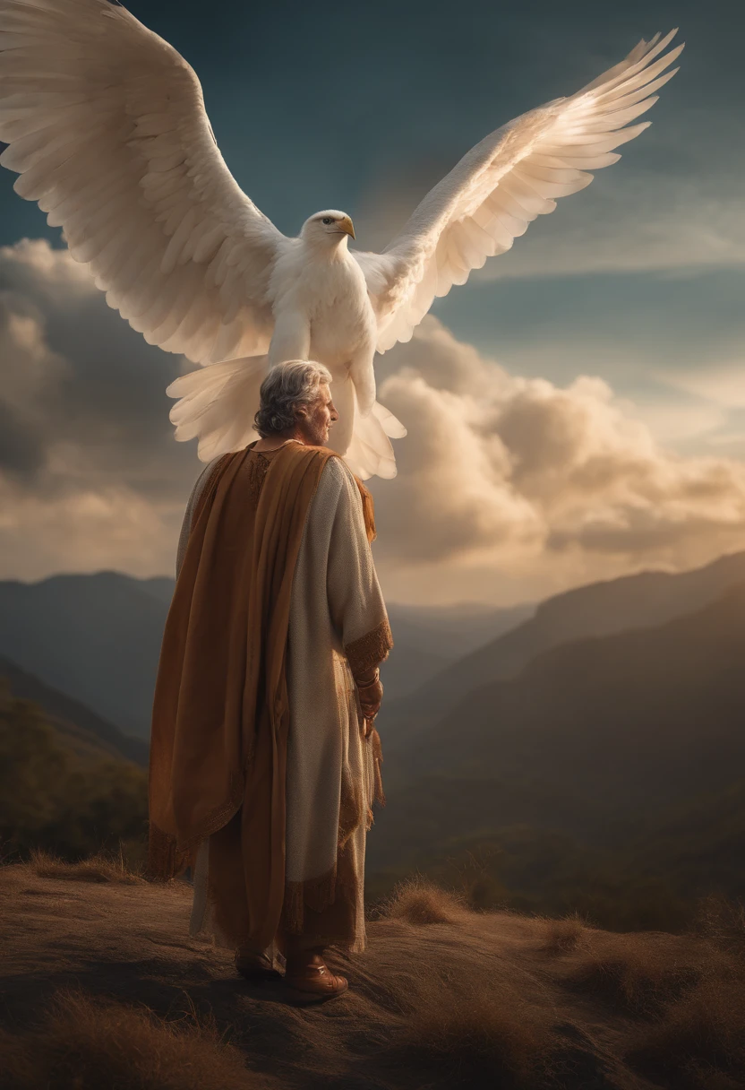 crie a imagem de um anjo masculino, anjo miguel, com asas, com roupas brancas, cabelos loiros, e nuvens ao fundo, imagem ultra realista, 8k