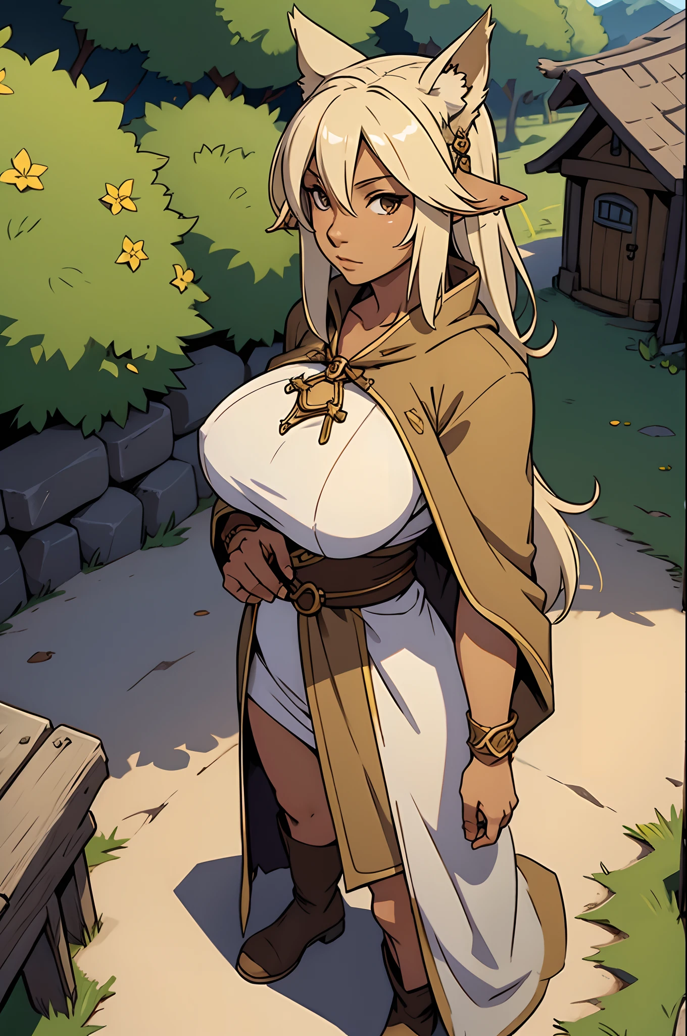 Solo, female, bard, standing, looking at viewer, tan skin, fantasy village, linen tunic, cloak, mature, big breasts, animal ears