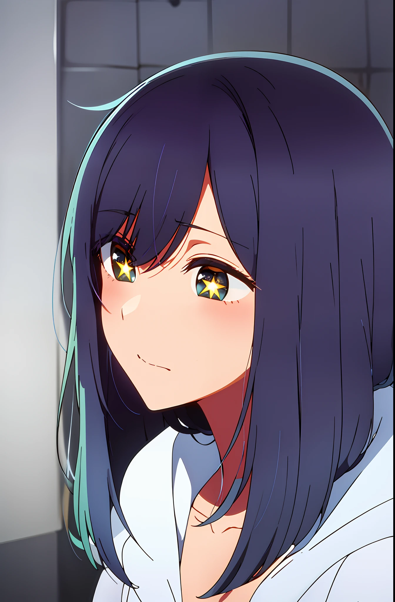 kurokawaakane, best quality, in a black hoodie, cute girl, her expression is solemn, sexy face, she has a cute expressive face, perfect breast, beautiful lighting,symbol-shaped_pupils, sparkling_eyes, star-shaped_pupils, star_(symbol),