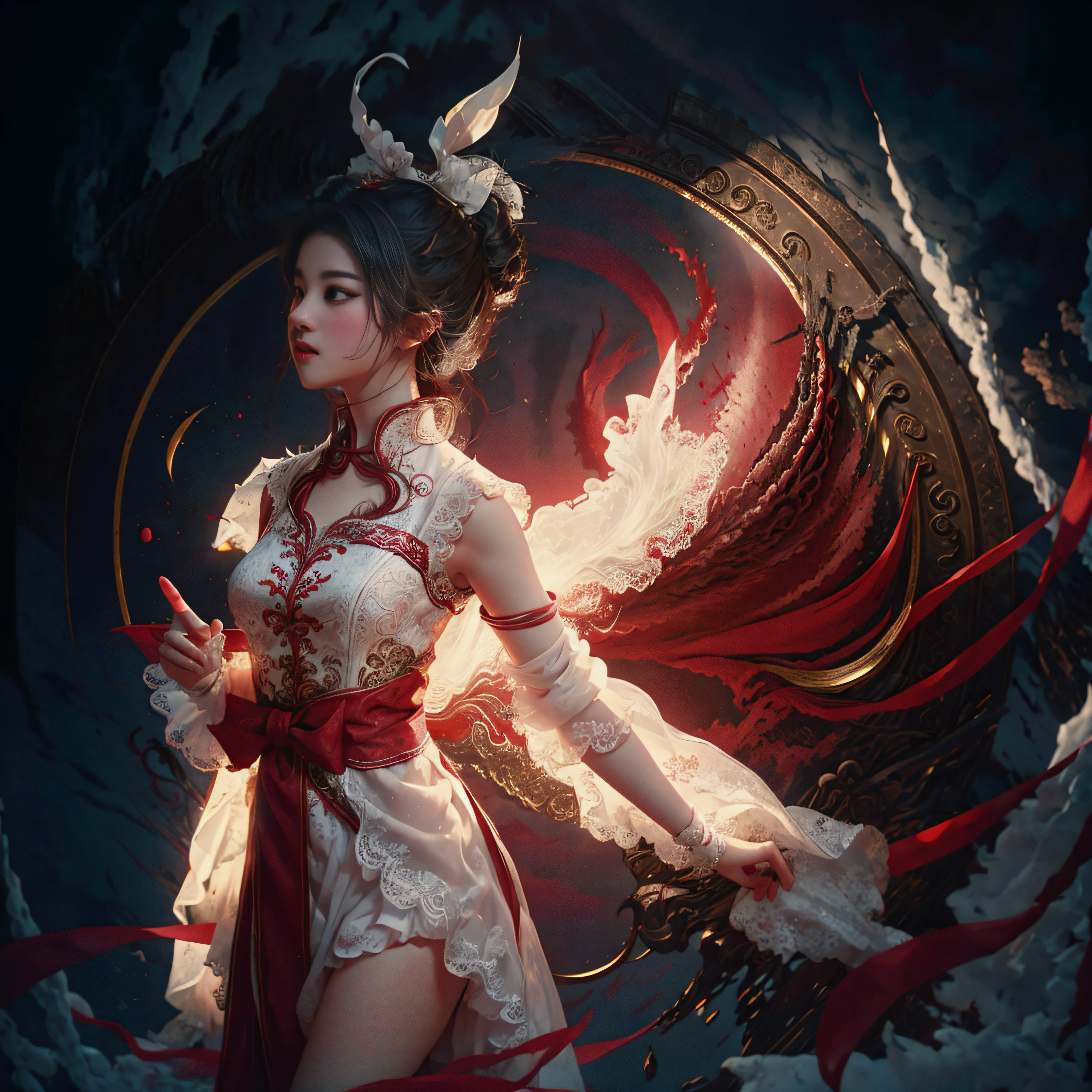 There is a woman in a white shirt with a red ribbon on her chest, nivanh chanthara, White ribbon, profile picture 1024px, Red only, Thawan duchanee, Red Ribbon, wonderful masterpiece, jia, 18 years old, white red, Peaceful, yuli ban, sakimichan, wearing headmistress uniform --auto