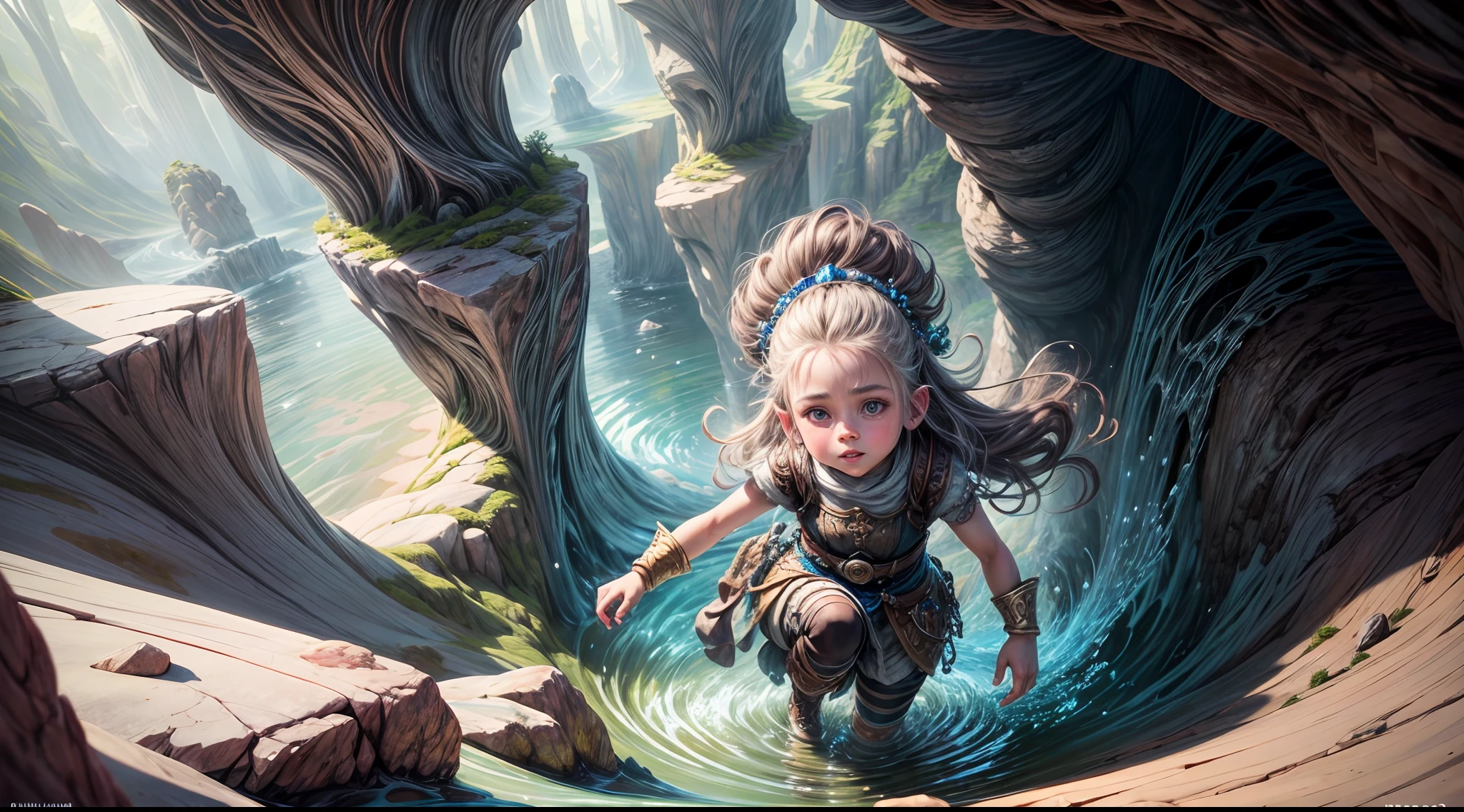 "A breathtaking, (ultra-detailed) painting of a young Dwarf Girl (Full Body) exploring a cave filled with radiant gemstones and liquid metal, their faces filled with awe and wonder. The colors and textures are ((highly realistic)), making it a true masterpiece."