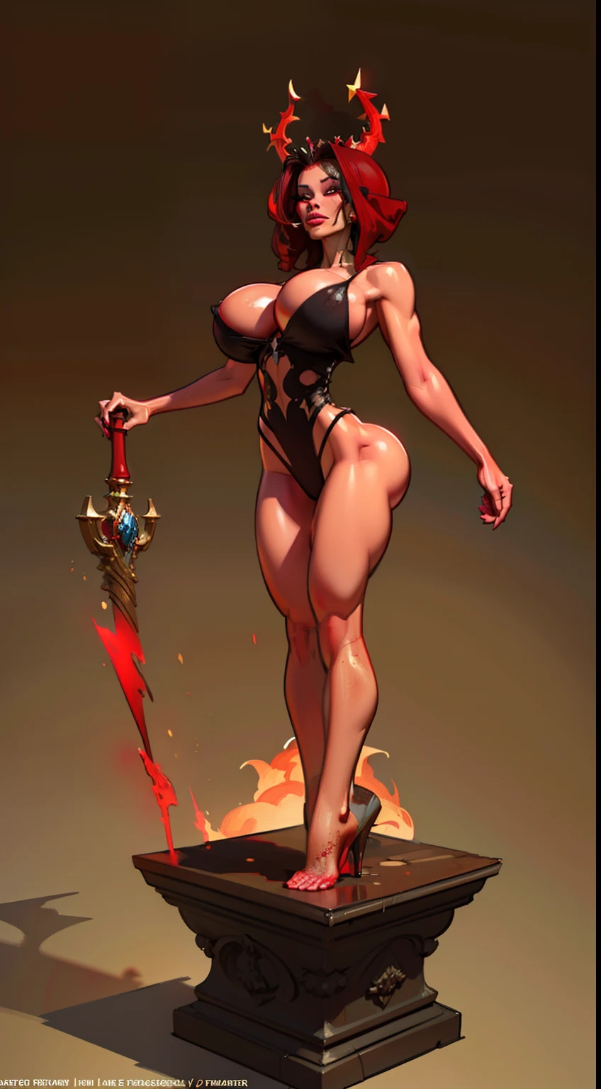 1girl, beautiful (((dark devil empress))), detailed eyes, (((detailed face))), mature face, athletic body, looking at viewers,full body, light smile,(gigantic breasts:1.4)detailed skin, colored skin(dark red skin:2.2), horns on head, (((bald:1.4))), mature body, tall body,seductive body,medium big breast, medium thigh,((no hair1.8)), spike pasties,detailed clothes BREAK desert and skull shoulders, holding only one long and thick dark scepter, highly saturating beams, holy ceremony, golden and red spark dazzling around, crown , golden majical lightning, best quality, masterpiece, trending on Art station,BREAK,Detailed,Realistic,4k highly detailed digital art,octane render, bioluminescent, cinematic lighting BREAK 8K resolution concept art, realism,by Mappa studios,masterpiece,best quality,official art,illustration,ligne claire,(cool_color),perfect composition,absurdres, fantasy,focuse, red and gold color palette,(((stands on cracked pedestal)))