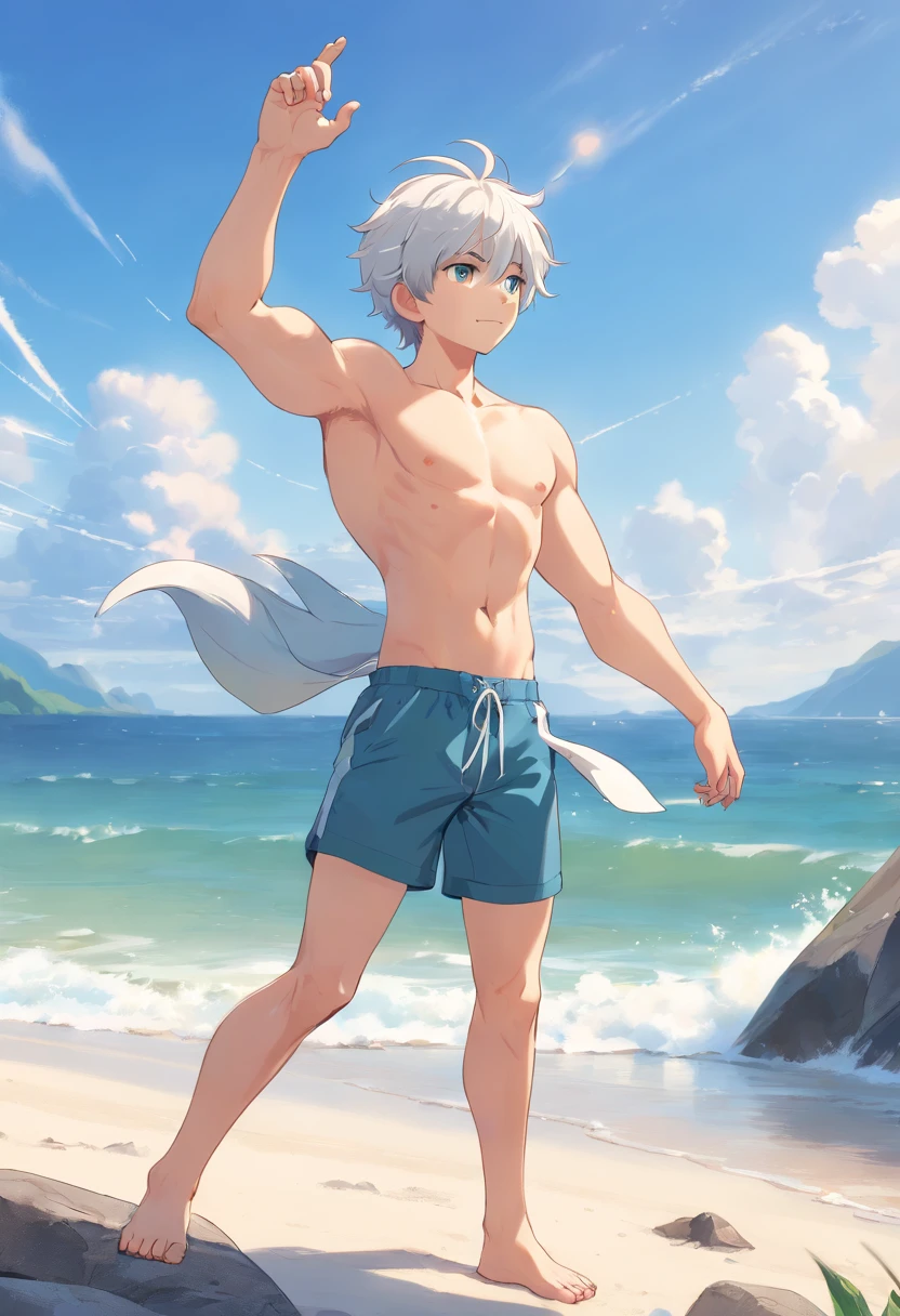 A white-haired boy stood on a rock，Large, sharp wolf ears，Stretch out your arms on the beach,Shirtless，Abs，Swimsuit shutter stock, his arms spread. ready to fly, Arms outstretched, raise both arms, People find happiness, his arms spread, stock image, arms out, Feel calm, arms out, Archive images, stockphoto, relaxing on the beach, pexels, his butt stretched out. Side view, no clothes.