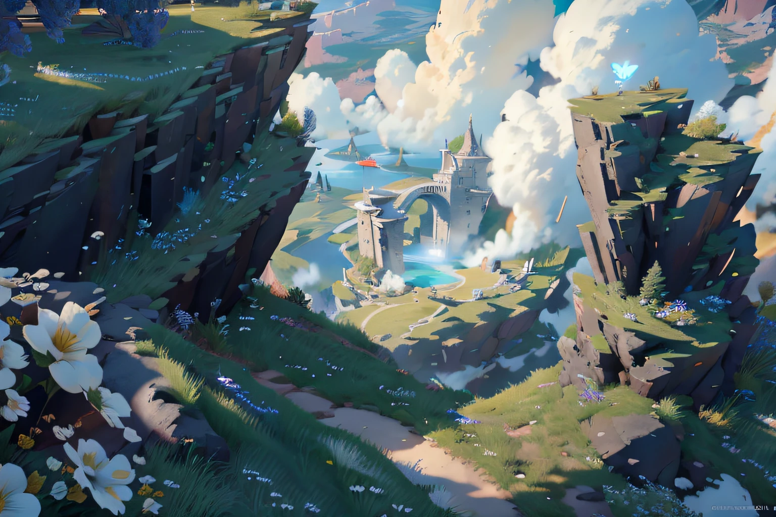 cloud, cloudy_sky, day, sky, blue_sky, scenery, ancient ruins, flower, gras, deep canyon, high ground  //
,((1girl, 1boy, walk, travel, migration, fantasy)), 
//
, ((, Point of View Shot, POV, Aerial Shot, Helicopter Shot)), CGI, Realism, RTX, Tone Mapping, SSAO, Shaders, Moonlight, Volumetric Lighting, Volumetric Light, Volumetric, Sunlight, Natural Lighting, landscape, outdoors, ((high quality:1.2, masterpiece:1.2)), absurdres, high resolution, (8k resolution), 8k, 8kres, 8k res, high details, detailed and intricate, intricate details, high intricate details, absurd amount of details, super resolution, ultra hd, megapixel, , ((, Point of View Shot, POV, Aerial Shot, Helicopter Shot)), CGI, Realism, RTX, Tone Mapping, SSAO, Shaders, Moonlight, Volumetric Lighting, Volumetric Light, Volumetric, Sunlight, Natural Lighting, landscape, outdoors, ((high quality:1.2, masterpiece:1.2)), absurdres, high resolution, (8k resolution), 8k, 8kres, 8k res, high details, detailed and intricate, intricate details, high intricate details, absurd amount of details, super resolution, ultra hd, megapixel,