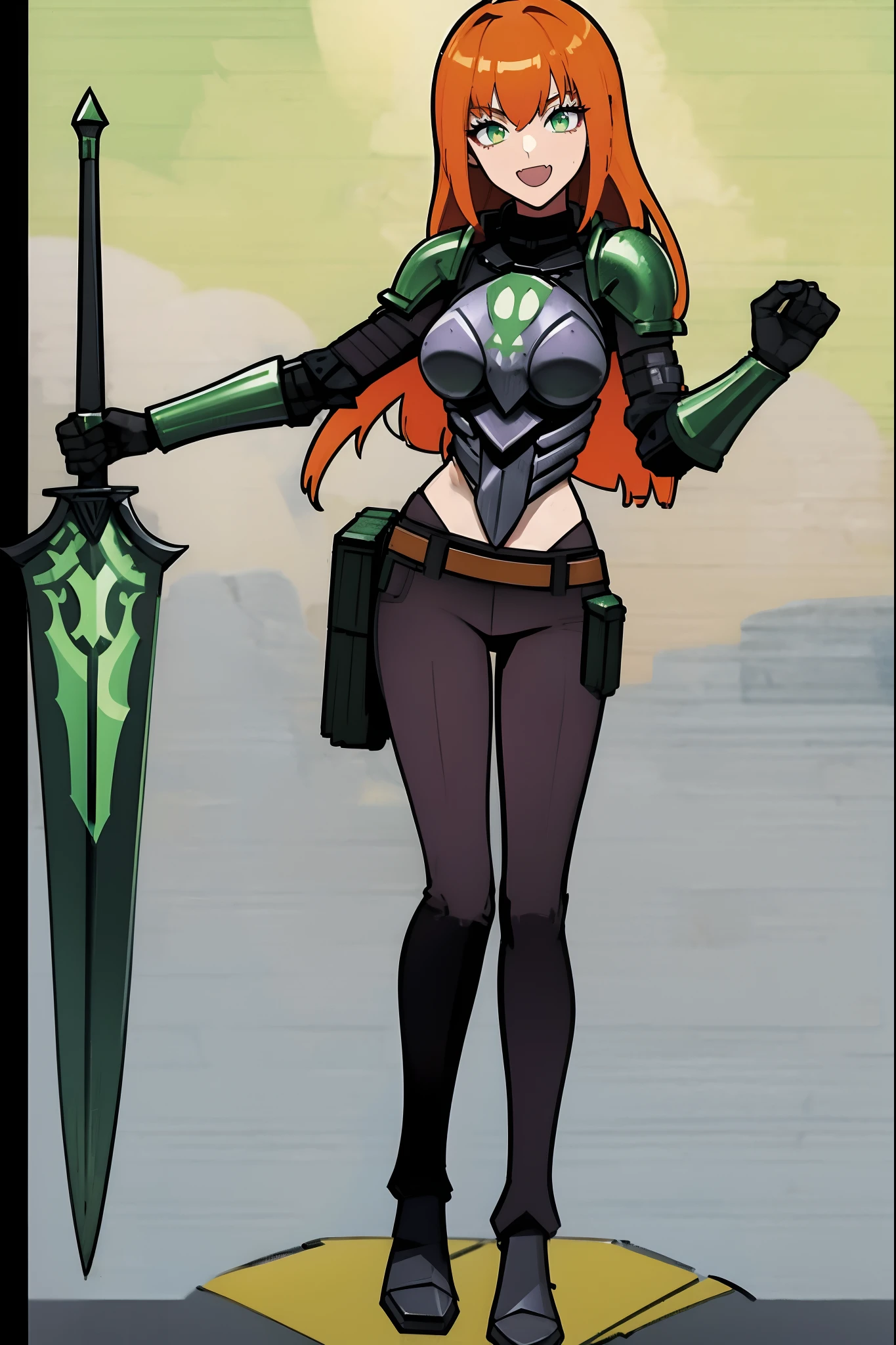 excel, orange hair, smile, fang, open mouth, green eyes,standing, medium breast, pants, pullover, , full body,knight armor, armore, sword holding, fantasy cyberpunk city magic