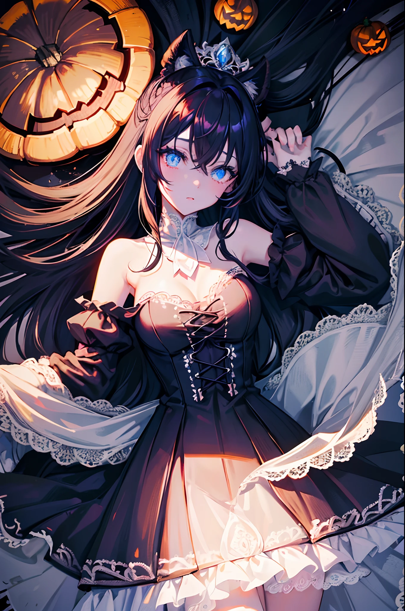 Dark hair blue eyess Twin-tailed borgar Halloween White lace dress pumpkins masterpiece Top image quality Clear anime colours cinematic shadow Increased attractiveness of the eyes Clear the shine of the eyes Draw eyelashes neatly Perfect Eye A detailed eye Sharpen image quality Sharpen eye writing Clear eye shape