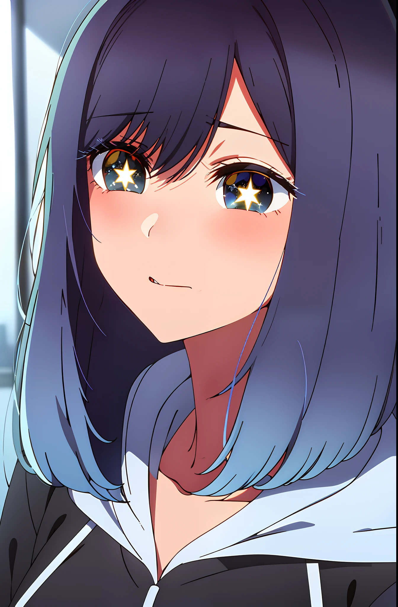 kurokawaakane, best quality, in a black hoodie, cute girl, her expression is solemn, sexy face, she has a cute expressive face, perfect breast, beautiful lighting,symbol-shaped_pupils, sparkling_eyes, star-shaped_pupils, star_(symbol),