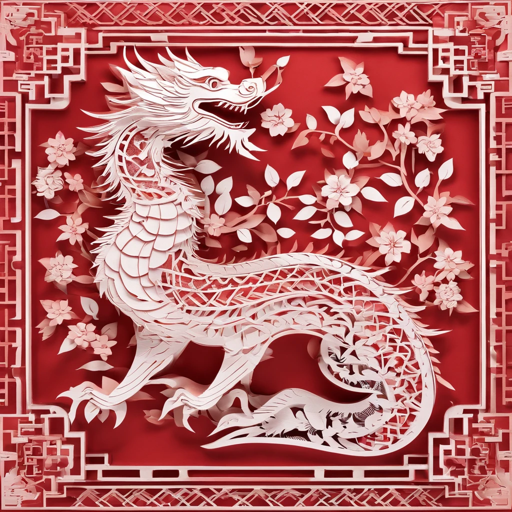 Chinese New Year，Chinese zodiac，drak，chinesedragon，Red paper cutout，Festive window paper，