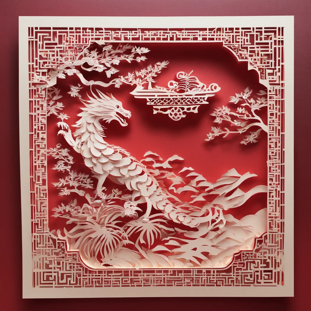 Chinese New Year，Chinese zodiac，drak，chinesedragon，Red paper cutout，Festive window paper，