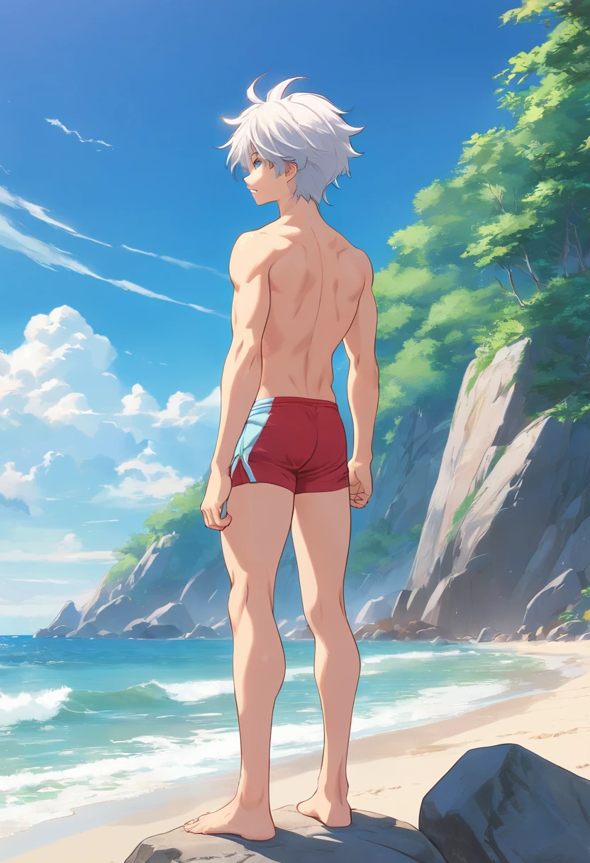A white-haired boy stood on a rock，Large, sharp wolf ears on the beach,Shirtless，Abs，Swimsuit shutter stock, his arms spread. ready to fly, Arms outstretched, raise both arms, People find happiness, his arms spread, stock image, arms out, Feel calm, arms out, Archive images, stockphoto, relaxing on the beach, pexels, his butt stretched out. Masturbating.