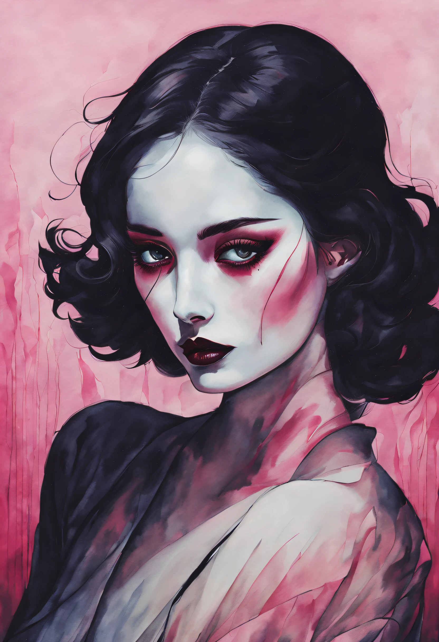 chiaroscuro technique on sensual illustration of an elegant woman, vintage horror, eerie, matte painting, by Hannah Dale, by Harumi Hironaka, extremely soft colors, vibrant, highly detailed, digital artwork, high contrast, dramatic, refined, tonal,