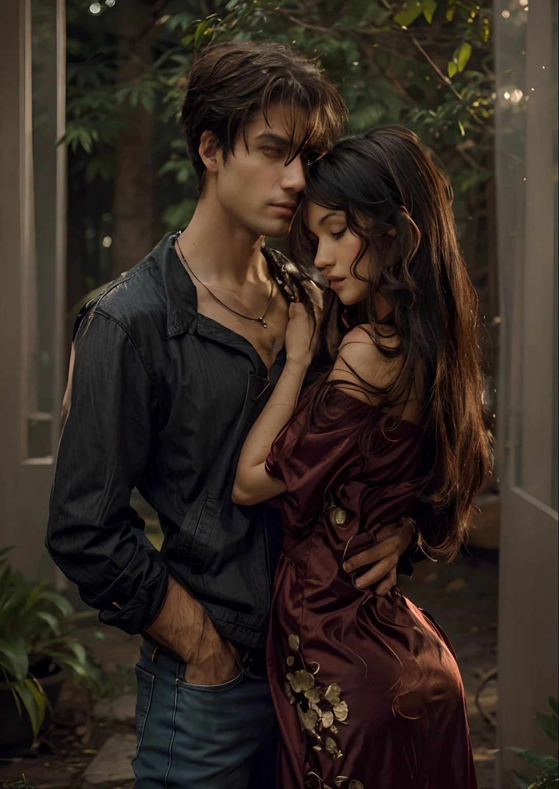 Vermelho, mulher de cabelo vermelho, casal, homem bonito, homem de cabelo preto, couple cuddling, mulher com cabelos longos, mulher de cabelo vermelho, mulher de vestido verde, floresta, lugar bonito, Cachoeira, Black Haired Man Man in Jacket and Jeans