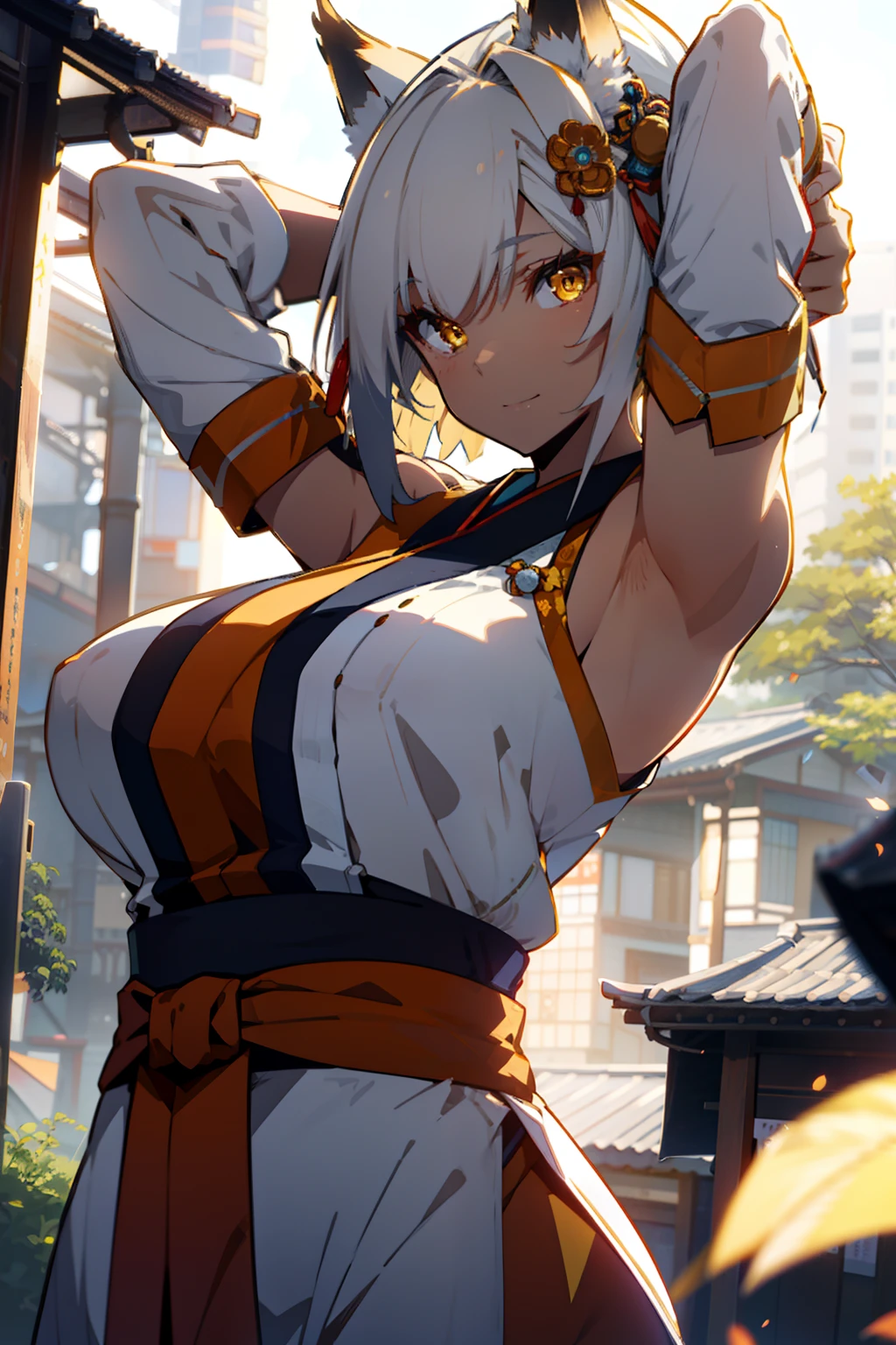 fox girl, white hair, yellow eyes, traditional Japanese outfit, tan skin, (best quality, masterpiece, colorful, dynamic angle, highest detailed), ((mature woman, hair ornament, arms up, large_breasts, hair_ornament,