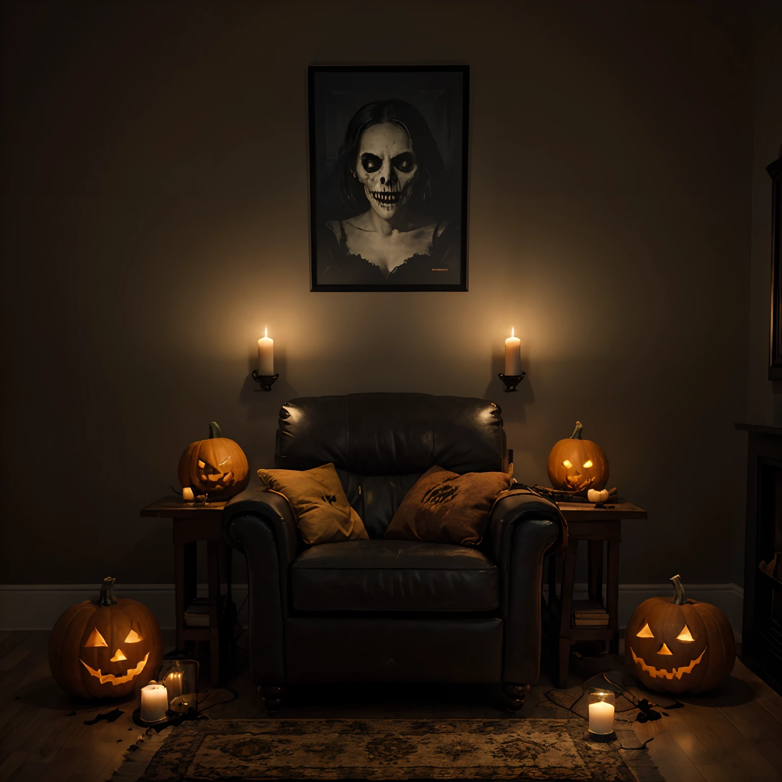 Generate a description of a living room with a Halloween dark backdrop. Envision a cozy living room with a comfortable chair as the centerpiece. The room should be adorned with Halloween decorations, including eerie, flickering candles, pumpkins, cobwebs, and spooky artwork. The lighting should create a moody, Halloween atmosphere. Describe the scene in a way that captures the blend of comfort and spookiness for the perfect Halloween setting.”