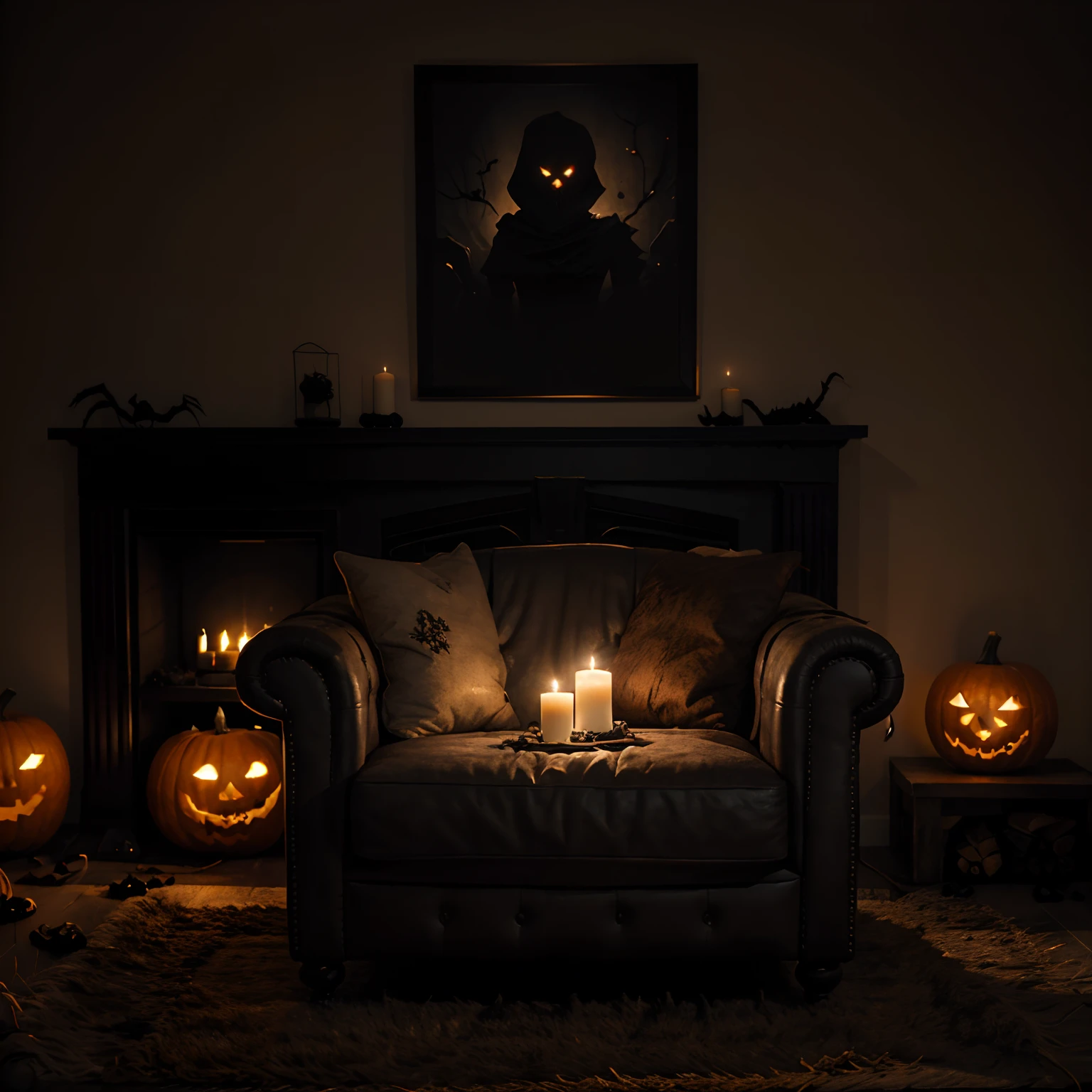 Generate a description of a living room with a Halloween dark backdrop. Envision a cozy living room with a comfortable chair as the centerpiece. The room should be adorned with Halloween decorations, including eerie, flickering candles, pumpkins, cobwebs, and spooky artwork. The lighting should create a moody, Halloween atmosphere. Describe the scene in a way that captures the blend of comfort and spookiness for the perfect Halloween setting.”