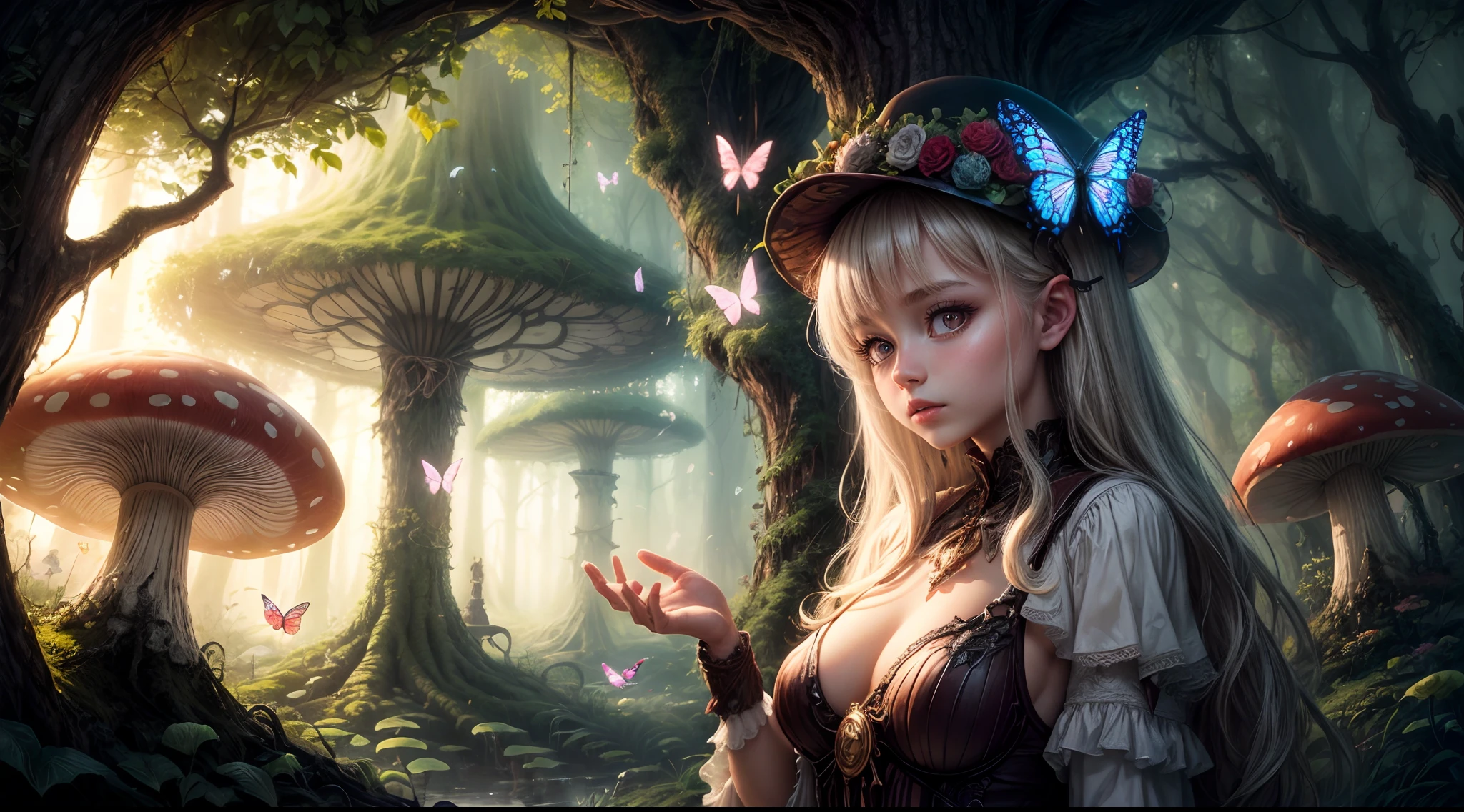 "Enchanting scene, girl and the colossal mushroom, delicate butterflies, mystical mist, ethereal magic, detailed and vivid imagery"