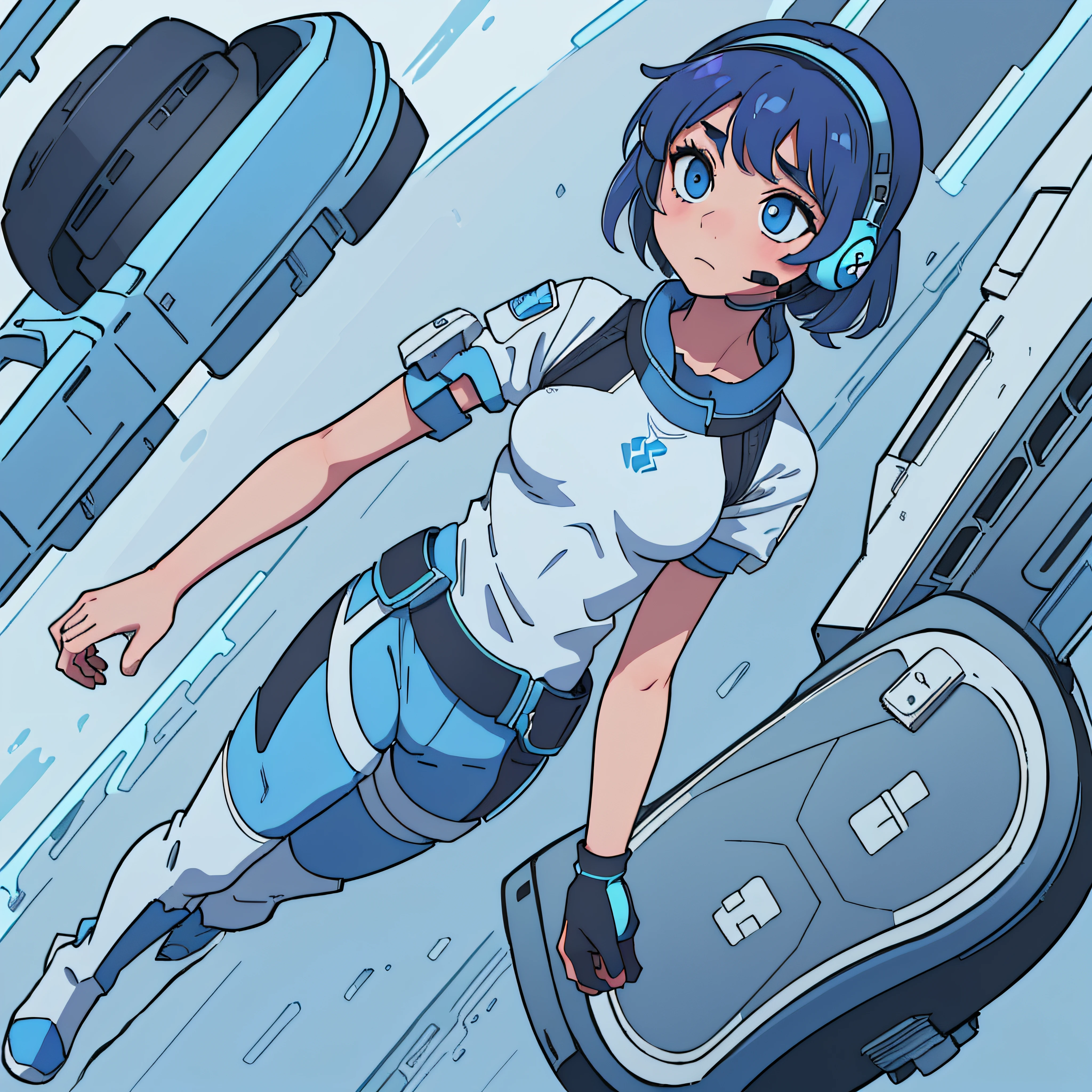 (masutepiece, Highest Quality, Top resolution, Distinct_image, Detailed details): (Solo, Lone Girl, Japan face, Blue-haired girl, Short hair, Full body figure, Small sized breasts, Glowing blue colored eyes, White and blue pilot suit in metallic tones, Black color, Tight-fitting clothing, Clothing that covers the whole body, Beauty, Slim body, exoskeleton, knee boots, heroine, Supine, Thighs open from side to side, Arm-length gloves, headset on head) --auto
