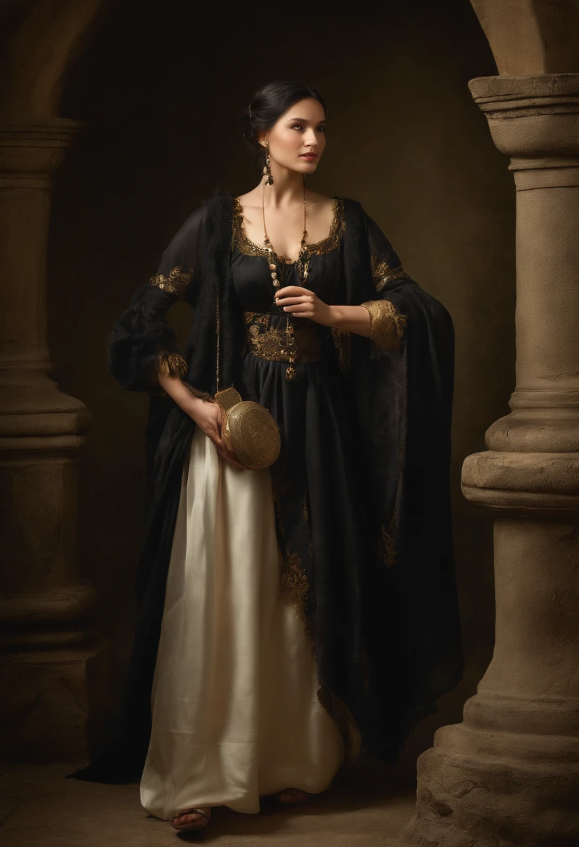 Numerous award-winning masterpieces, mit unglaublichen Details, Texturen und maximale Detailgenauigkeit, Frau im langen Kleid , Portrait of an Asian sorceress, Okkultistin, Weibliche Geistliche, Portrait of a female necromancer, Portrait of a magician, asiatische Zaubererin, (Nachtansicht), Weibliche Nekromantin, Weiblicher Zauberer, Mittelalterliche gekeleidete Frau, Weibliche Zauberinm mit schwarzen hochgesteckten Haaren, Sanfte Augen, (She has a mischievous smile on her face), Friendly and girlish face, Glasohrringe an den Ohren, In her hand she holds an old, in Leder gebundenes Buch der Magie, ((((full-length portrait)))), ((((Full body freeze frame)))), ((((gives a standing full body image)))), (Um ihren Hals, She wears a simple necklace of exquisite workmanship), In her right hand she holds an old, in Leder gebundenes Buch der Magie, In her left hand she holds a small hanging lantern, ((black hair pinned up and braided into two braids)), (((sober, bescheidenes Stoffkleid mit eleganten Verzierungen))), rotbraune geflochtene Sandalen, (((Kleid aus Stoff))), ((She wraps a worn-out coat over her shoulders)), ((schaut nach oben)), ((Blick nach unten)), (Zimmer des Alchemisten), (Werkstatt des Alchemisten), (Labor des Alchemisten), (Ruine einer alten Burg), (Ruinen einer alten Burg), (Verlassene Ruinen), (crumbling ruins), (Ruins with clear puddles), (Ruinen mit klaren Teichen), (Ruinen mit klarem, ruhigem Wasser), (Alte Ruinen mit klarem Wasser), (nightfall), (Sonnenuntergang), (nightfall), (Wavelets),(Wellen auf dem Wasser),(running water)