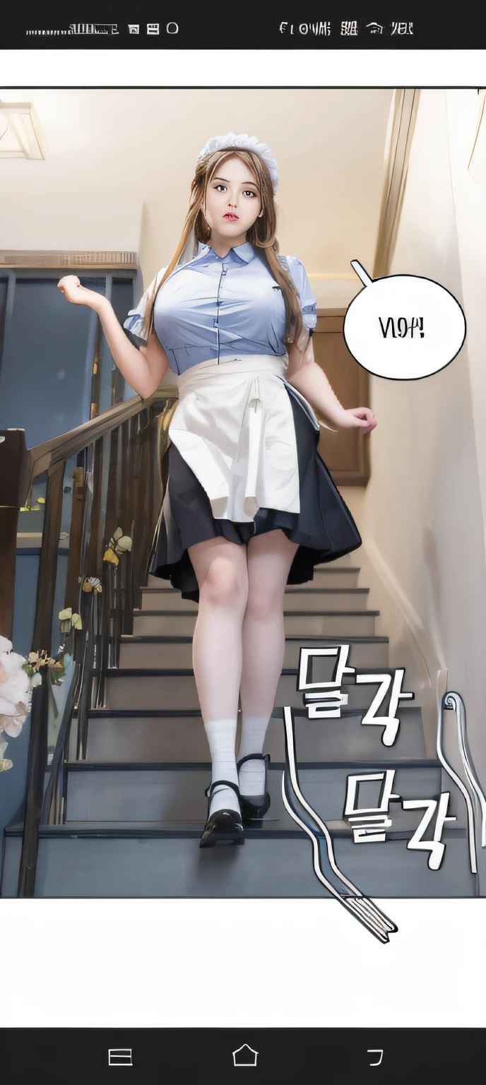 arafed image of a woman in a maid outfit walking down a flight of stairs, manhwa, (sfw) safe for work, bbwchan, a hyperrealistic schoolgirl, splash page, thicc, ( waitress ) girl, thighs focus, realistic schoolgirl, from girls frontline, 8k comic art, heavy mood, high realistic, giantess art