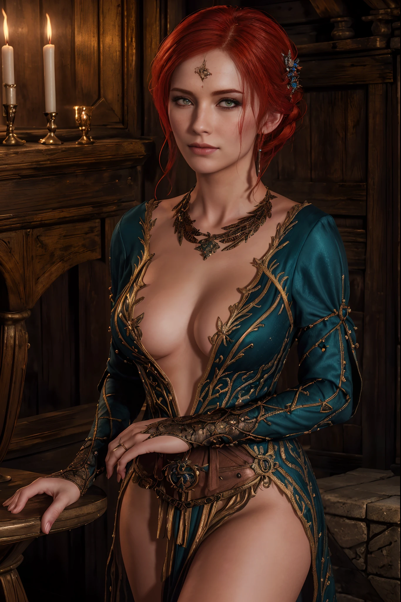 Masterpiece, Triss Merigold, high detail plunging witch dress, intricately detailed background, (UHD, 8K wallpaper, High resolution), Cinematic lighting, award-winning, extremely detailed skin, extra detailed face, high detail eyes, photo-realistic, Zeiss 85 mm F/1.4, by Ellen von Unwerth