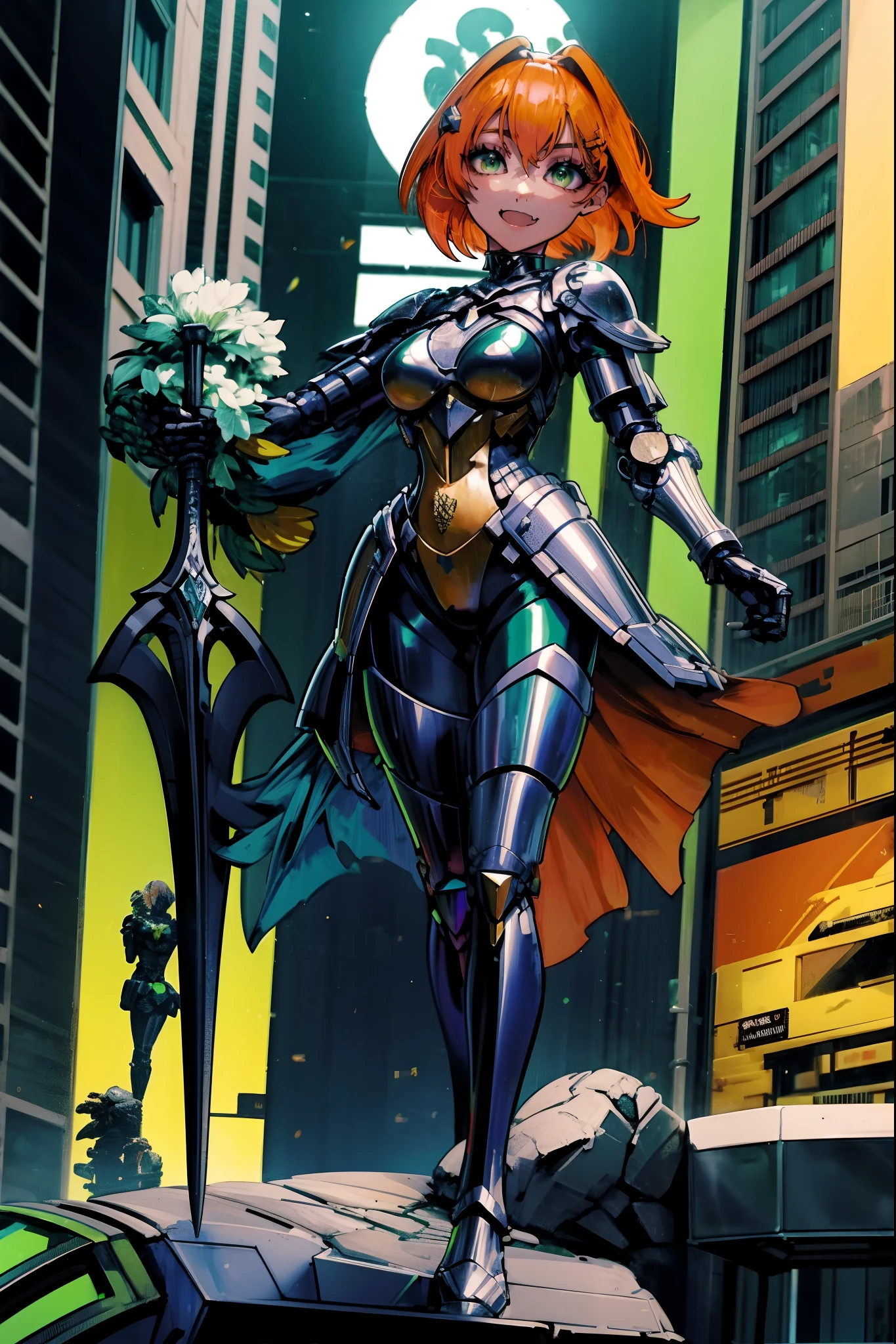 excel, orange hair, smile, fang, open mouth, green eyes,standing, medium breast, pants, pullover, , full body,knight armor, armore, sword holding, fantasy cyberpunk city magic, smile, bone fang