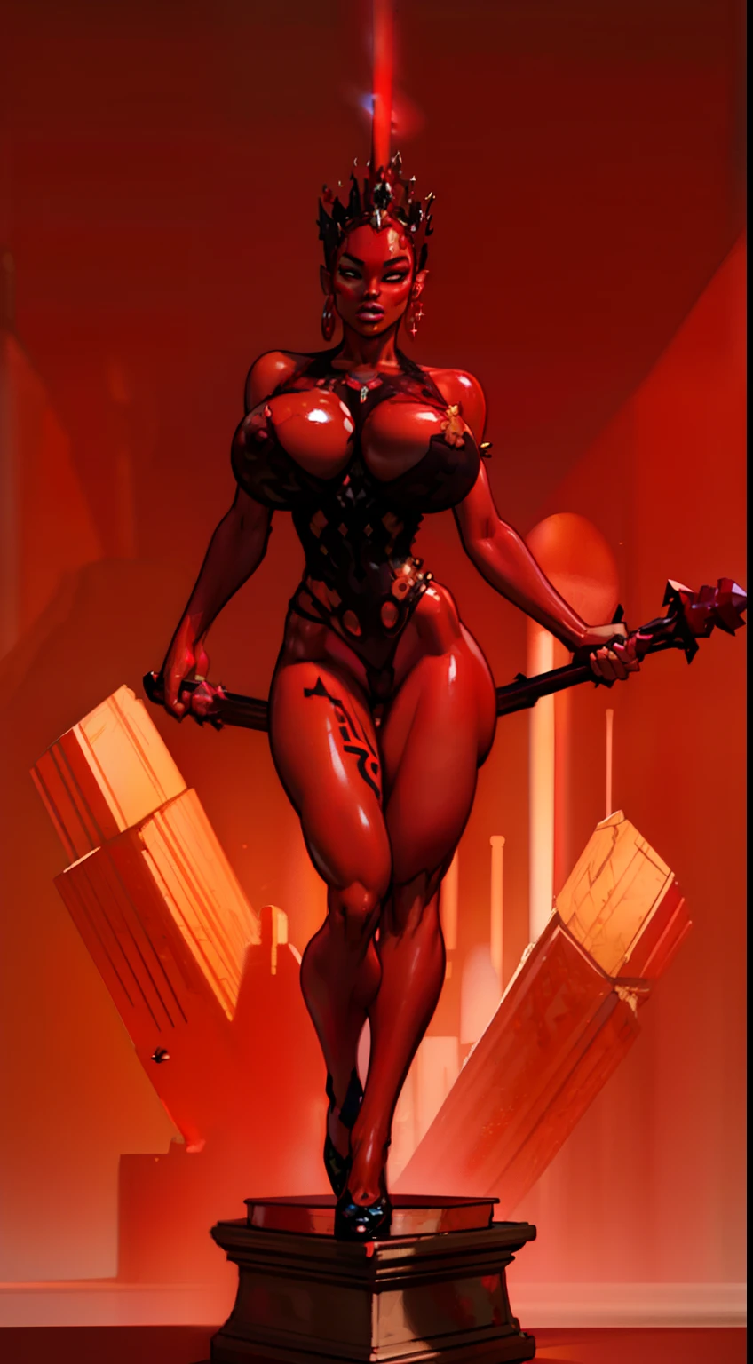 1girl, beautiful (((dark devil empress))), detailed eyes, (((detailed face))), mature face, athletic body, looking at viewers,full body, light smile,(gigantic breasts:1.4)detailed skin, colored skin(dark red skin:2.4), horns on head, (((bald:1.4))), mature body, tall body,seductive body,medium big breast, medium thigh,((no hair1.8)), spike pasties,detailed clothes BREAK desert and skull shoulders, holding only one long and thick dark scepter, highly saturating beams, holy ceremony, golden and red spark dazzling around, crown , golden majical lightning, best quality, masterpiece, trending on Art station,BREAK,Detailed,Realistic,4k highly detailed digital art,octane render, bioluminescent, cinematic lighting BREAK 8K resolution concept art, realism,by Mappa studios,masterpiece,best quality,official art,illustration,ligne claire,(cool_color),perfect composition,absurdres, fantasy,focuse, red and gold color palette,(((stands on cracked pedestal)))
