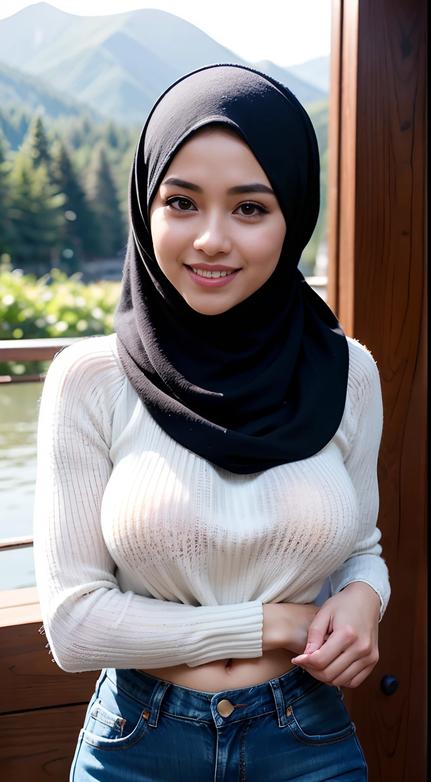 RAW, Best quality, high resolution, Masterpiece: 1.3), Beautiful Malay woman in hijab, Masterpiece, Perfect slim body, ((Big breasts)), Beautiful big eyes, watery eyes, Soft smile, wet lips, ((wearing long sweater ,tight jeans )),smiling, windy, skin details, skin texture details, thick thighs, sexy body, morning time, smiling, happy, bright sunlight, snow mountain, blurred background, bokeh