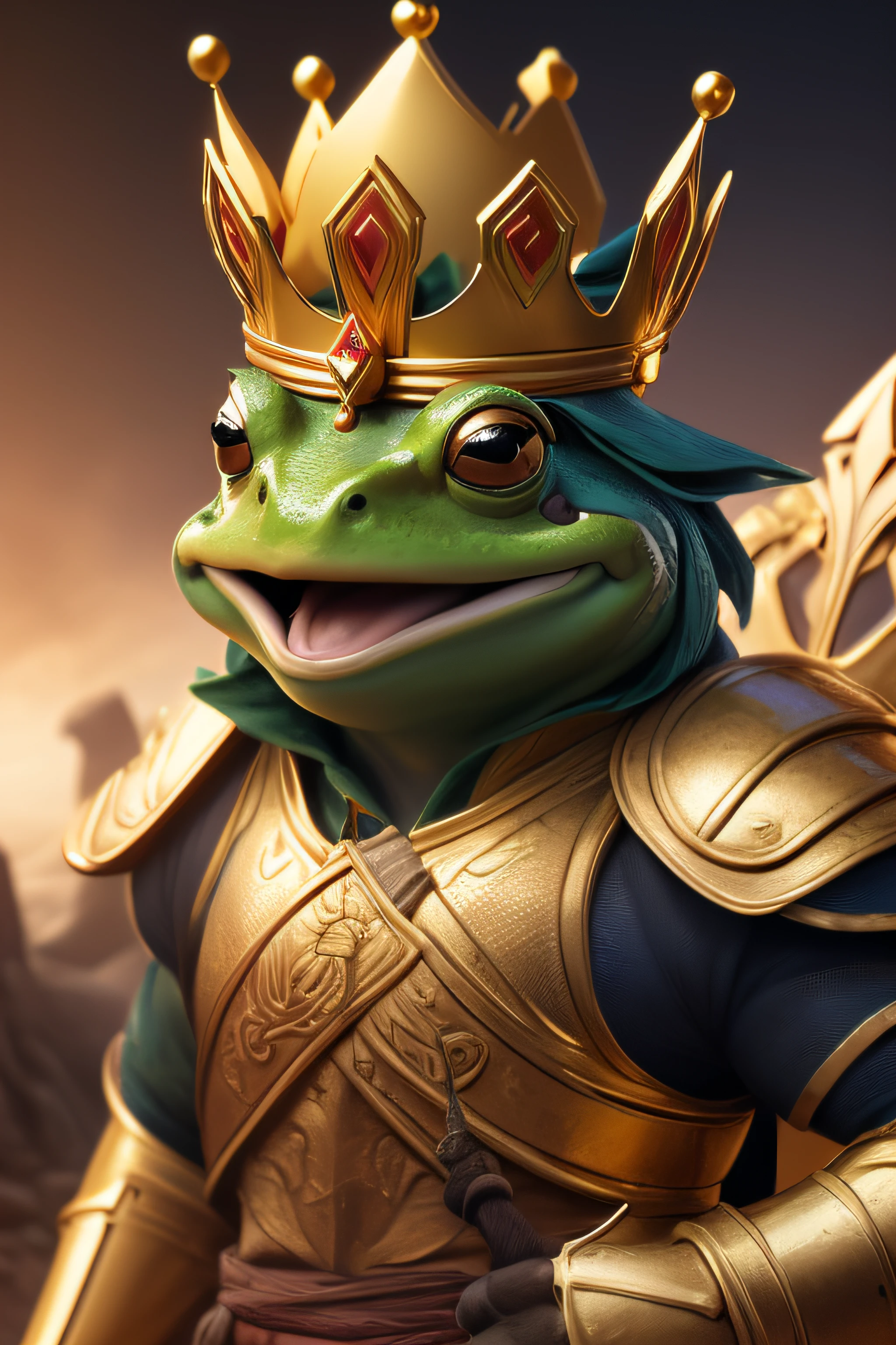 {{An epic 4K depiction of a warrior frog wearing a golden crown}}. The image should highlight the bravery and nobility of the warrior frog. He proudly wears his gold crown on a stunning epic background. The goal is to create a masterpiece that conveys the greatness of this warrior figure and is impactful because of its high resolution.