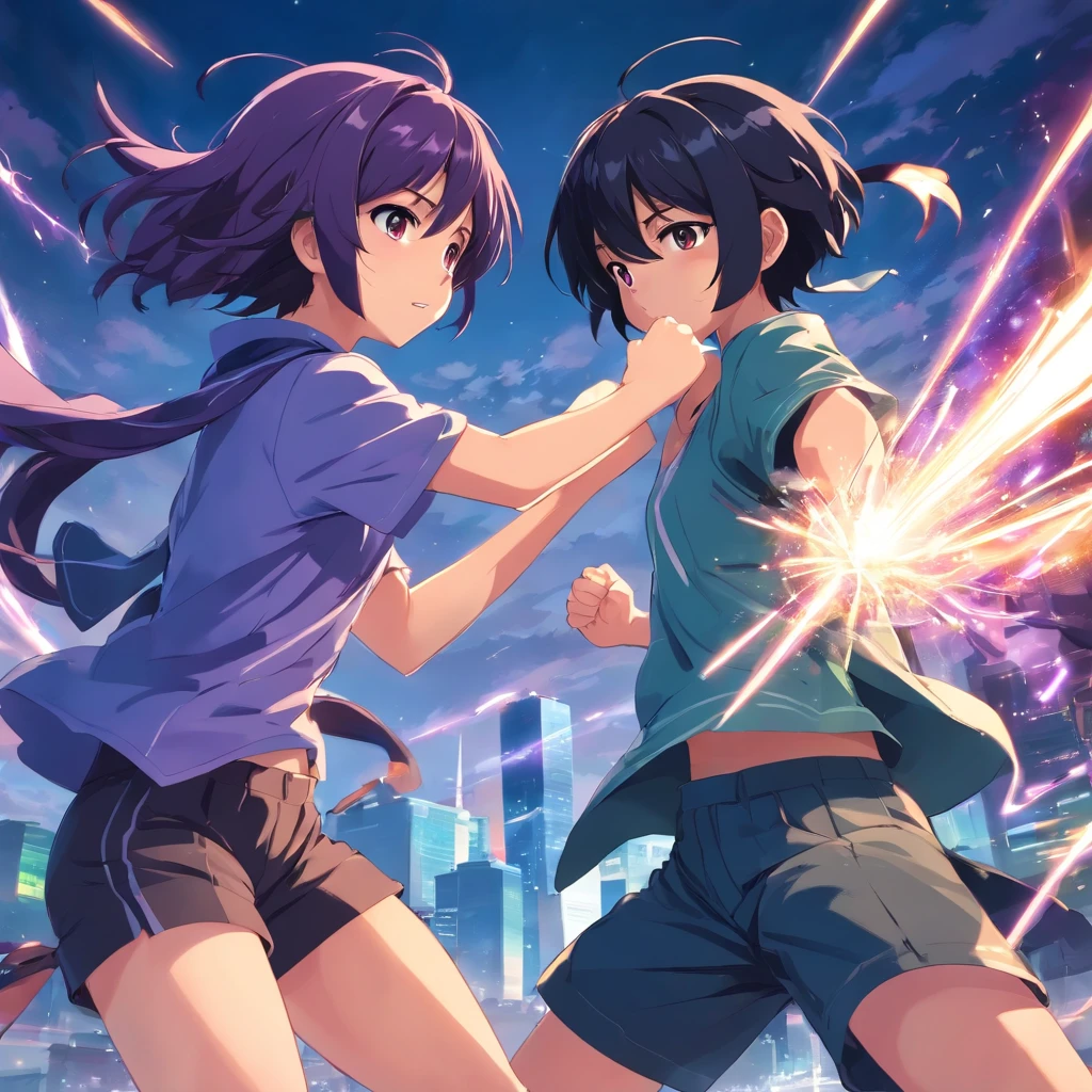 a cute black hair boy fighting with a cute violet hair girl agressively, punch, strong